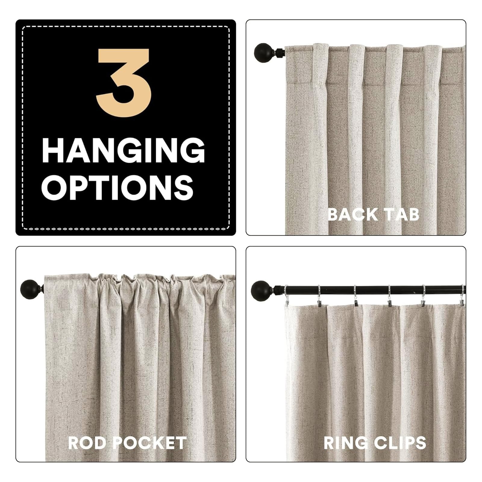 100% Blackout Linen Curtains for Bedroom 84 inches Length 2 Panels Set,Black …