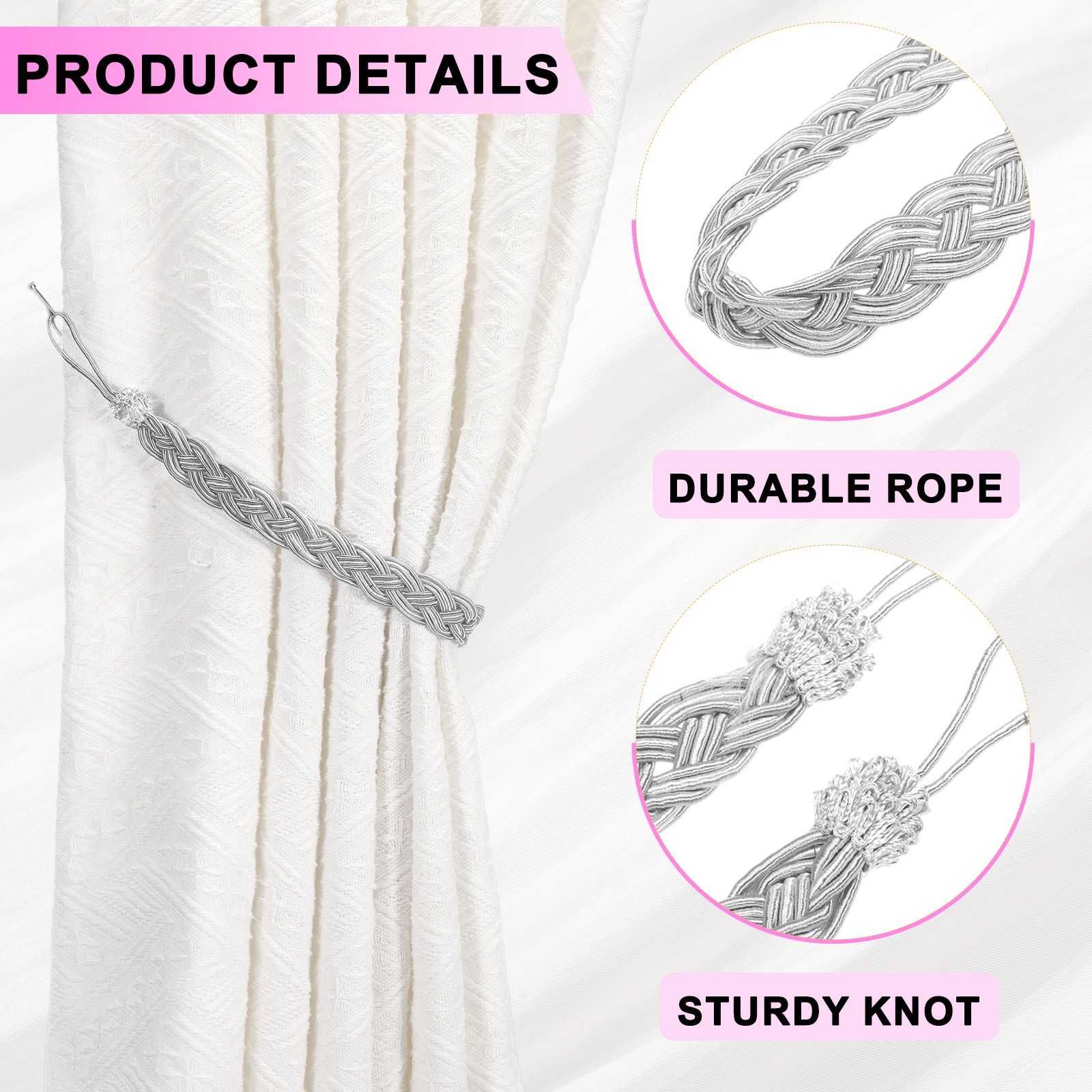2Pcs Curtain Tiebacks 58cm/23″ Braided Drapery Holdback Light Silver