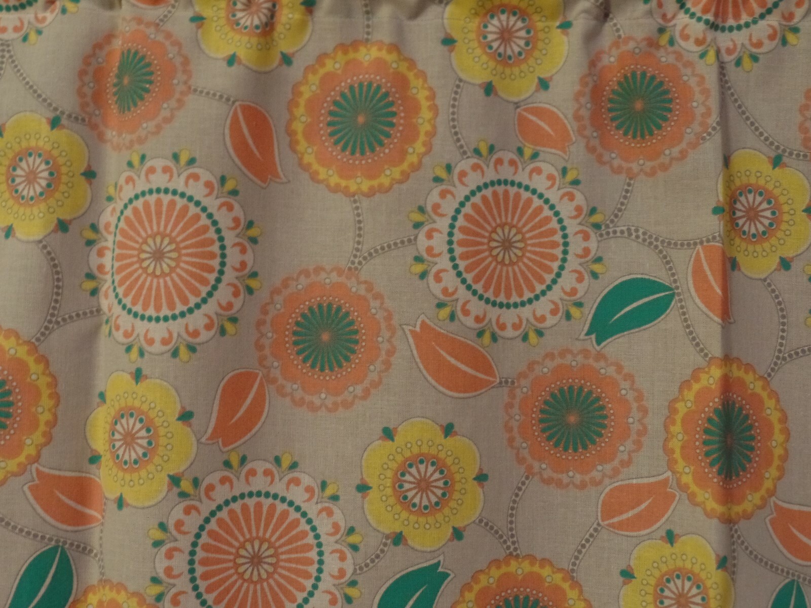 Gray With Fancy Round Flowers, Coral, Teal Grn, Yellow, Handmade Window VALANCE