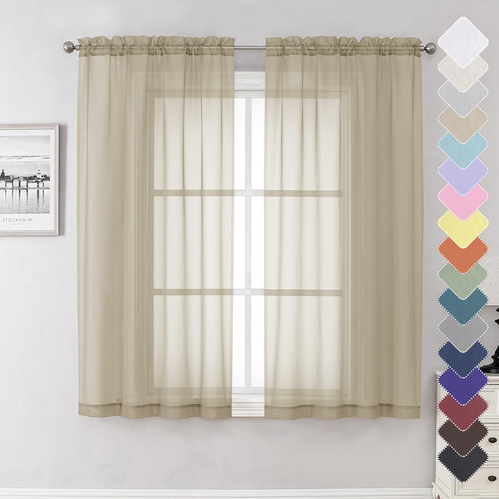 Lecloud Taupe Sheer Curtains 63 Inch Length 2 Panels, Airy & Breathable Solid Vo