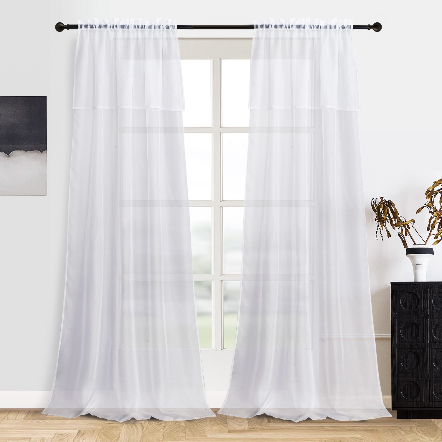 2 Panels Basic Rod Pocket Sheer Curtains with Attached Valance, Voile Drapes