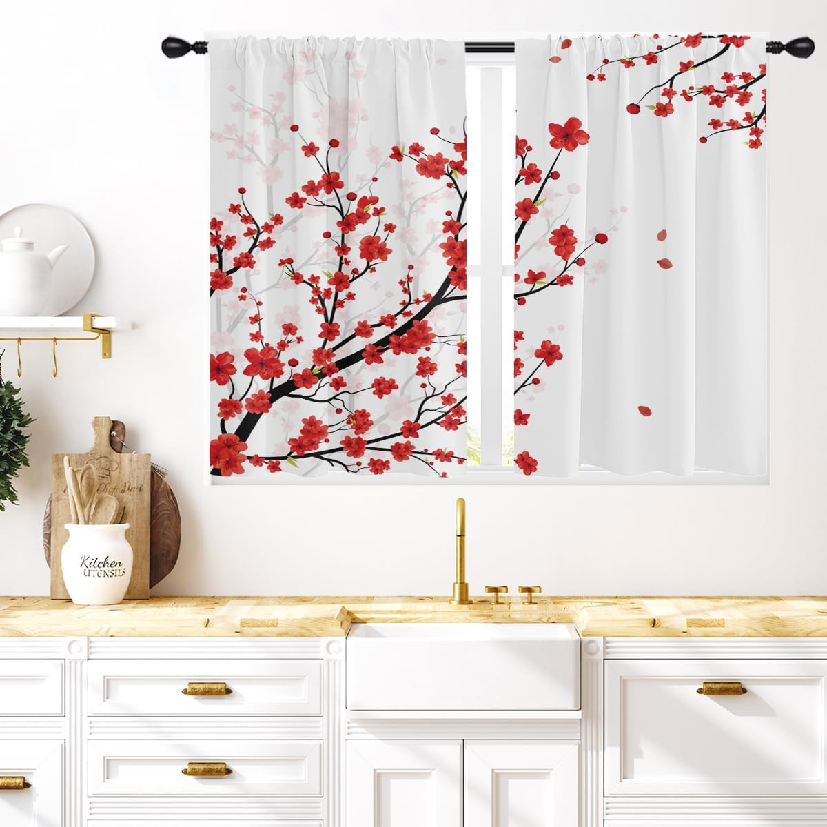 Cherry Blossom Kitchen Window Curtains 27.5 X 39 Inch Small Short Mini Cafe Rod