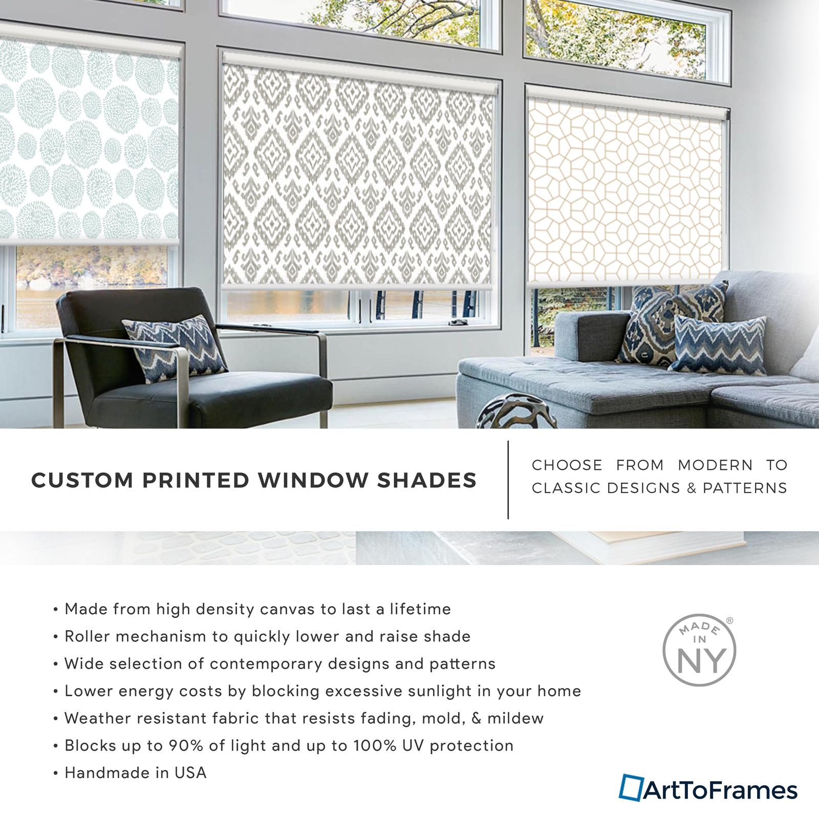 ArtToFrames Custom Window Shade – Blackout Ikat Navy Design Reversed Roll