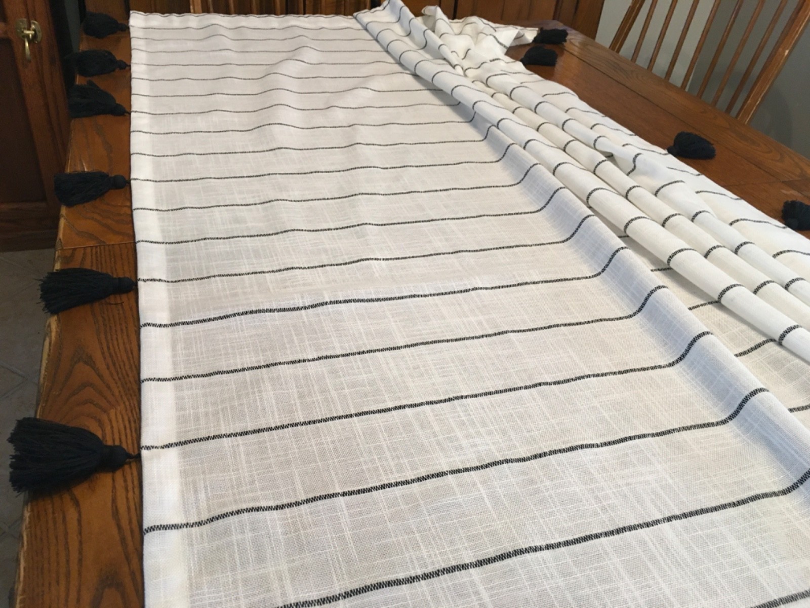 Opal House 84×54 Woven Black & White Stripe Curtain Panel with tassels on sides