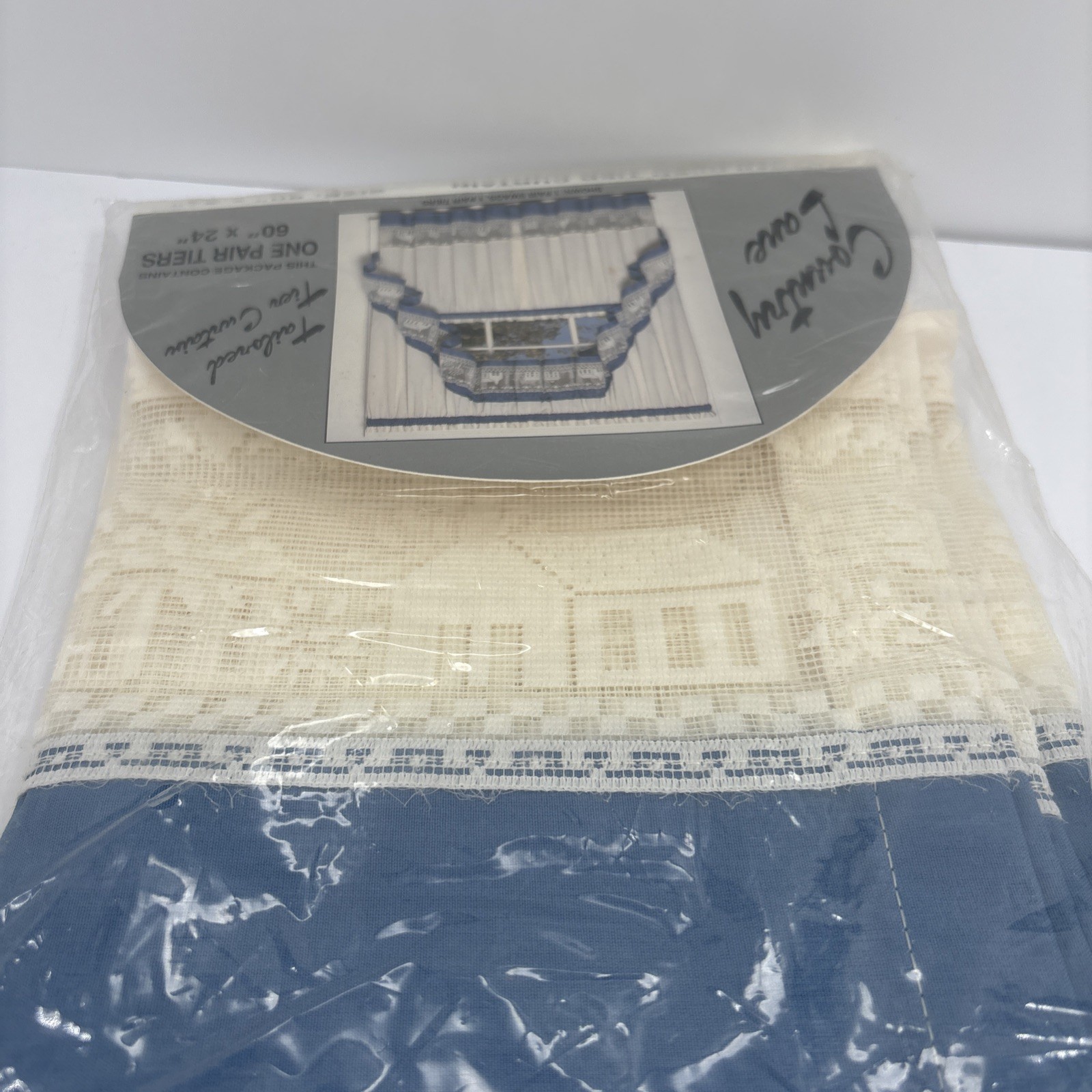 VTG 90s Country Lane Tailored Tier Curtains 60×24 Blue White Lace Cottage