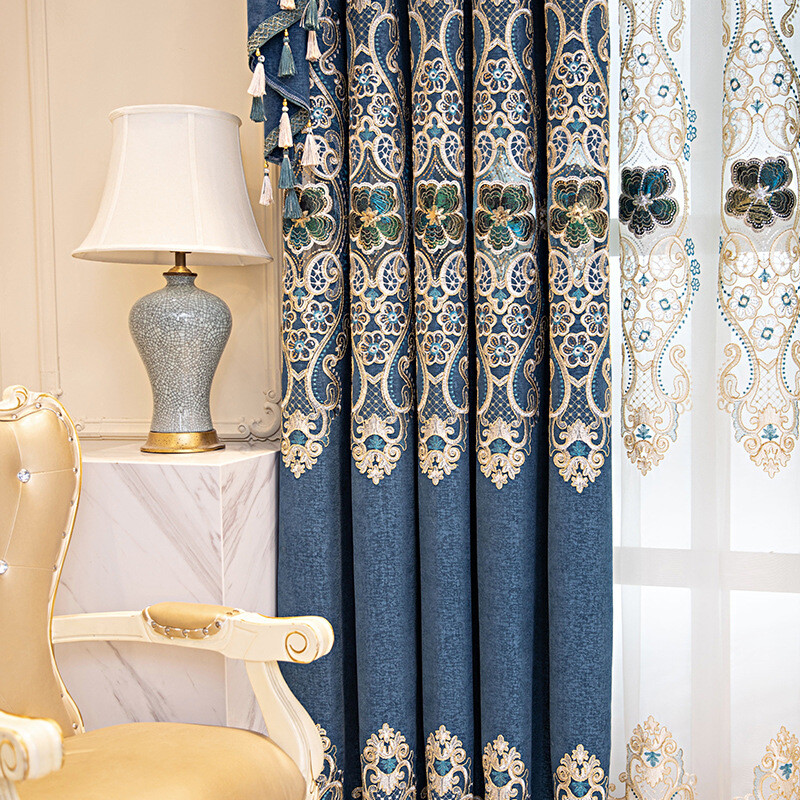 High-grade embroidery blue chenille cloth curtain tulle valance drape C1479