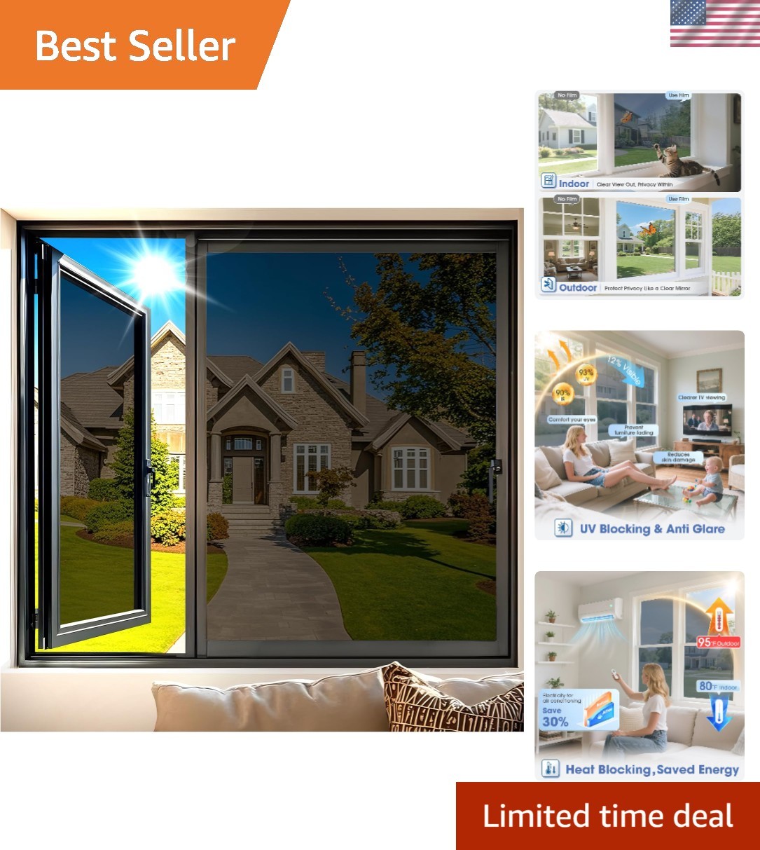 Black-Silver Reflective Window Film, UV Protection & Easy Static Cling, 9.56ft²