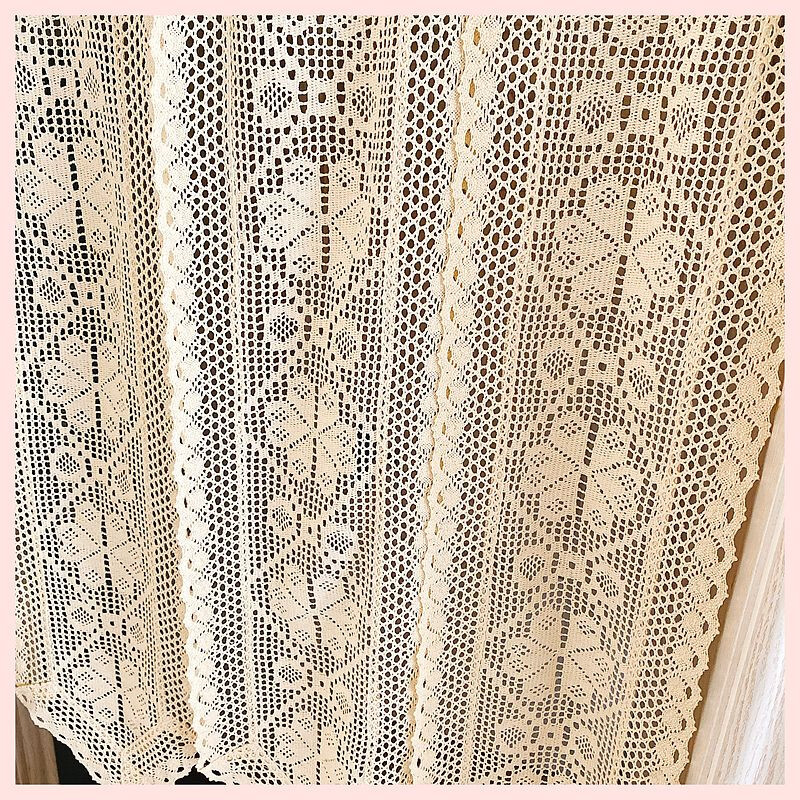 Again@Vintage Style 3 Panel Design Crochet Lace Braid Beige Cotton Door Curtain