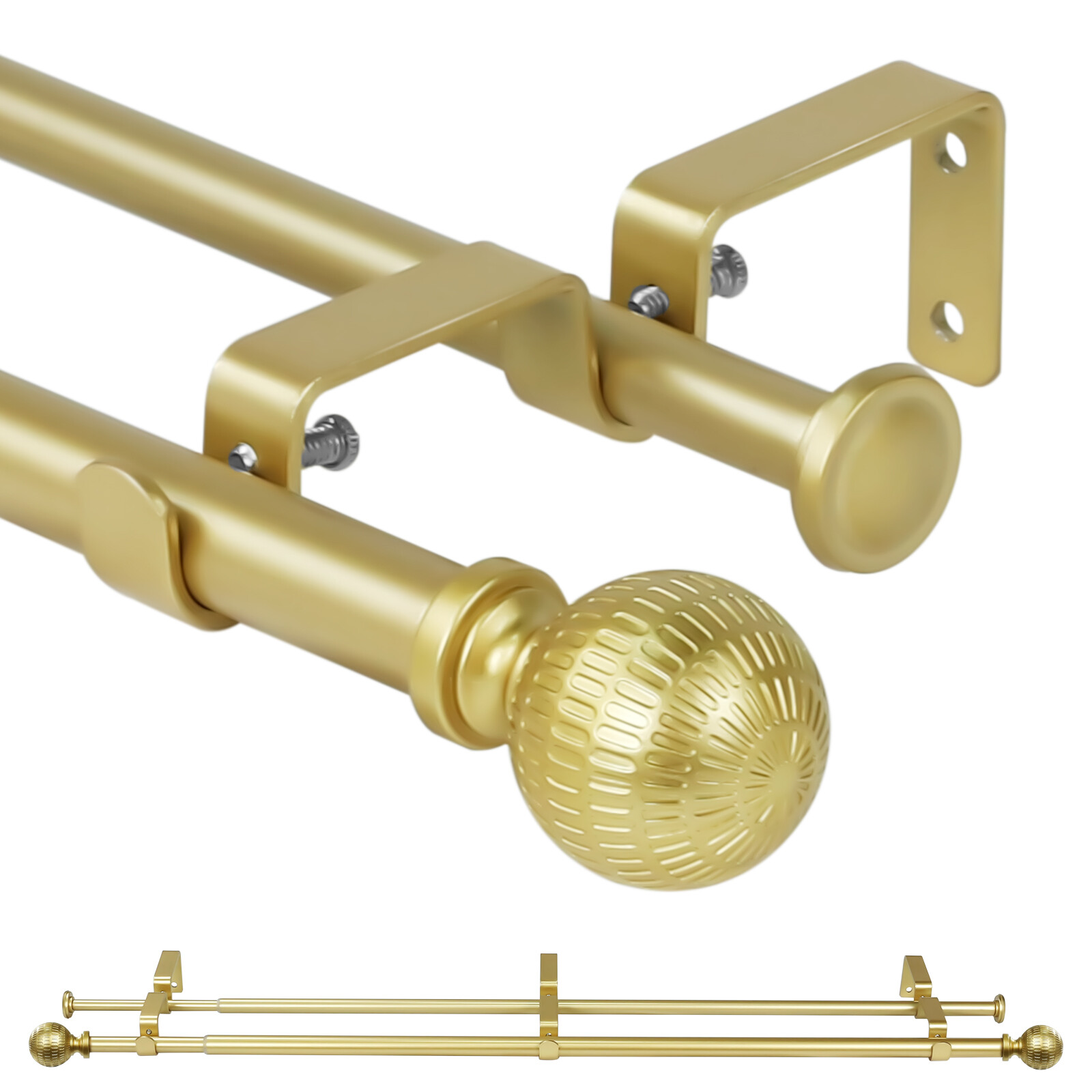 5/8″ Telescoping Double Curtain Rods with Reticulated Ball Finials, 28″-120″