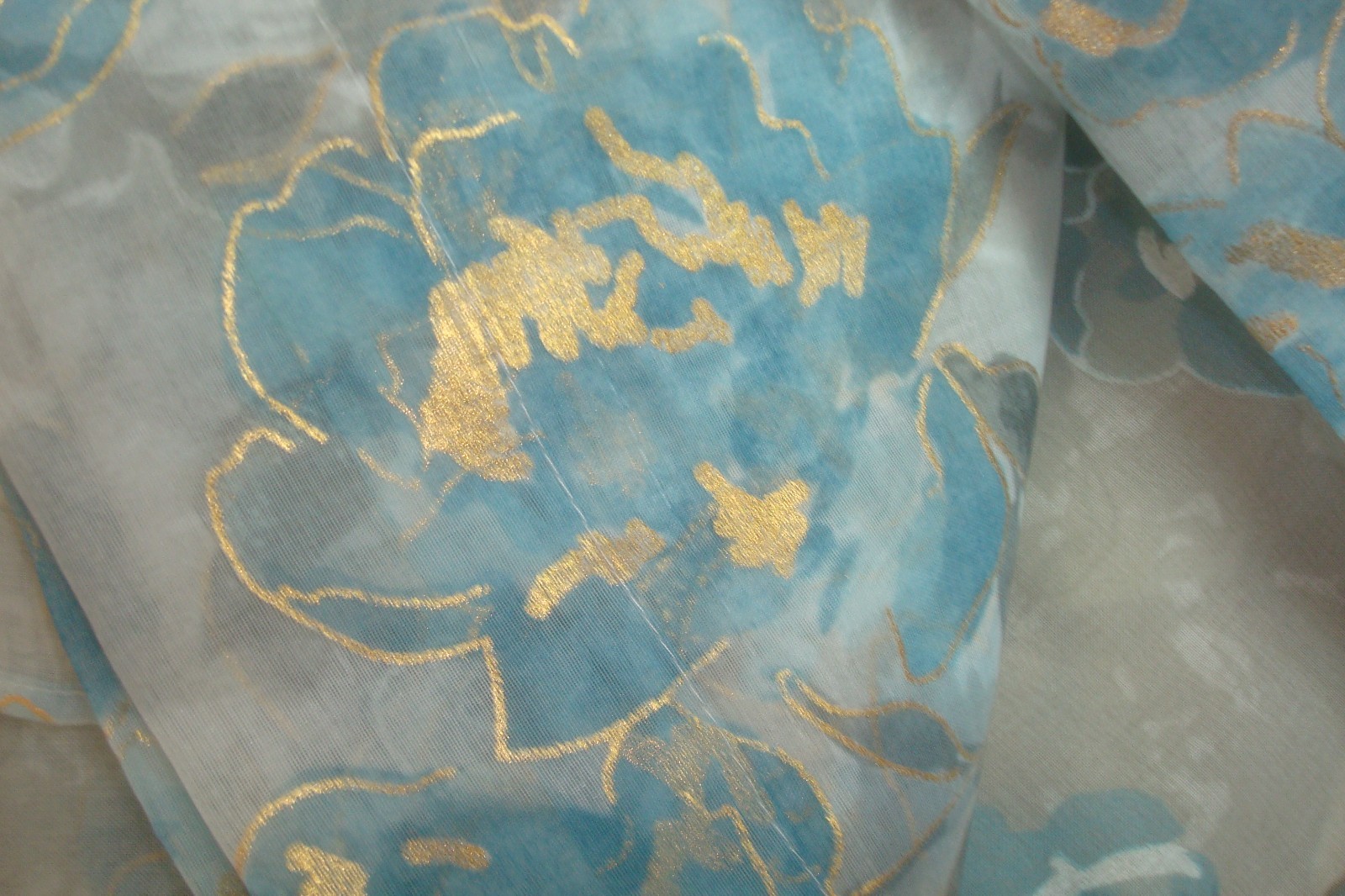 NWT Laura Ashley 4 pc Curtains Metallic Floral Sheer Aqua Gold each 38 x 96″ lg