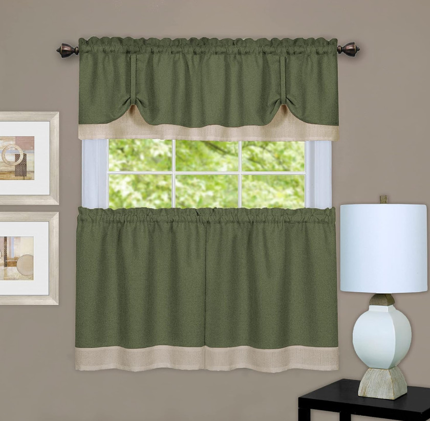ACHIM Darcy Tier & Valance Curtain Set 58×24 / 58×14 Green Camel