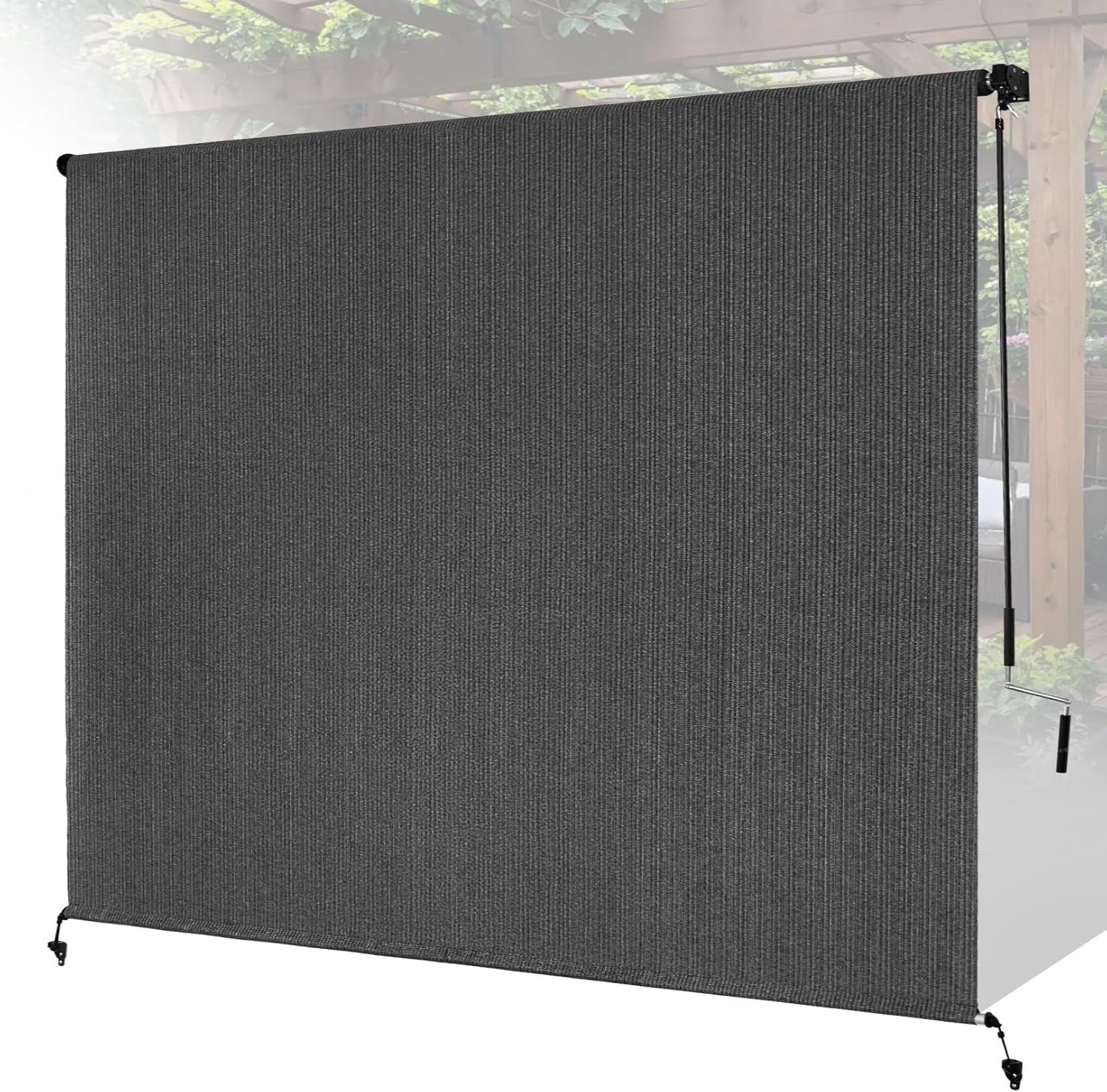 8’W X 8’H Gray Patio Shades Roll up Outdoor Roller Shade Crank Wand Blind Cordle