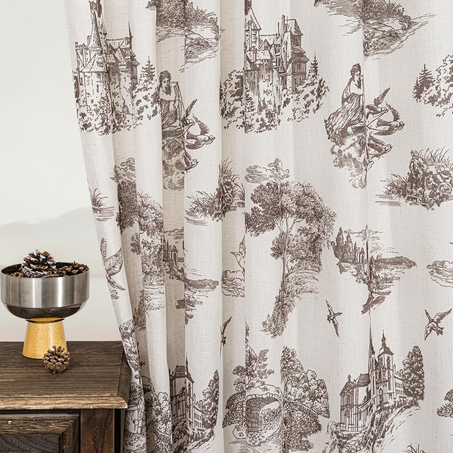 Brown Floral Linen Toile Curtains 84 Inches Long for Living Room Bedroom Toile D
