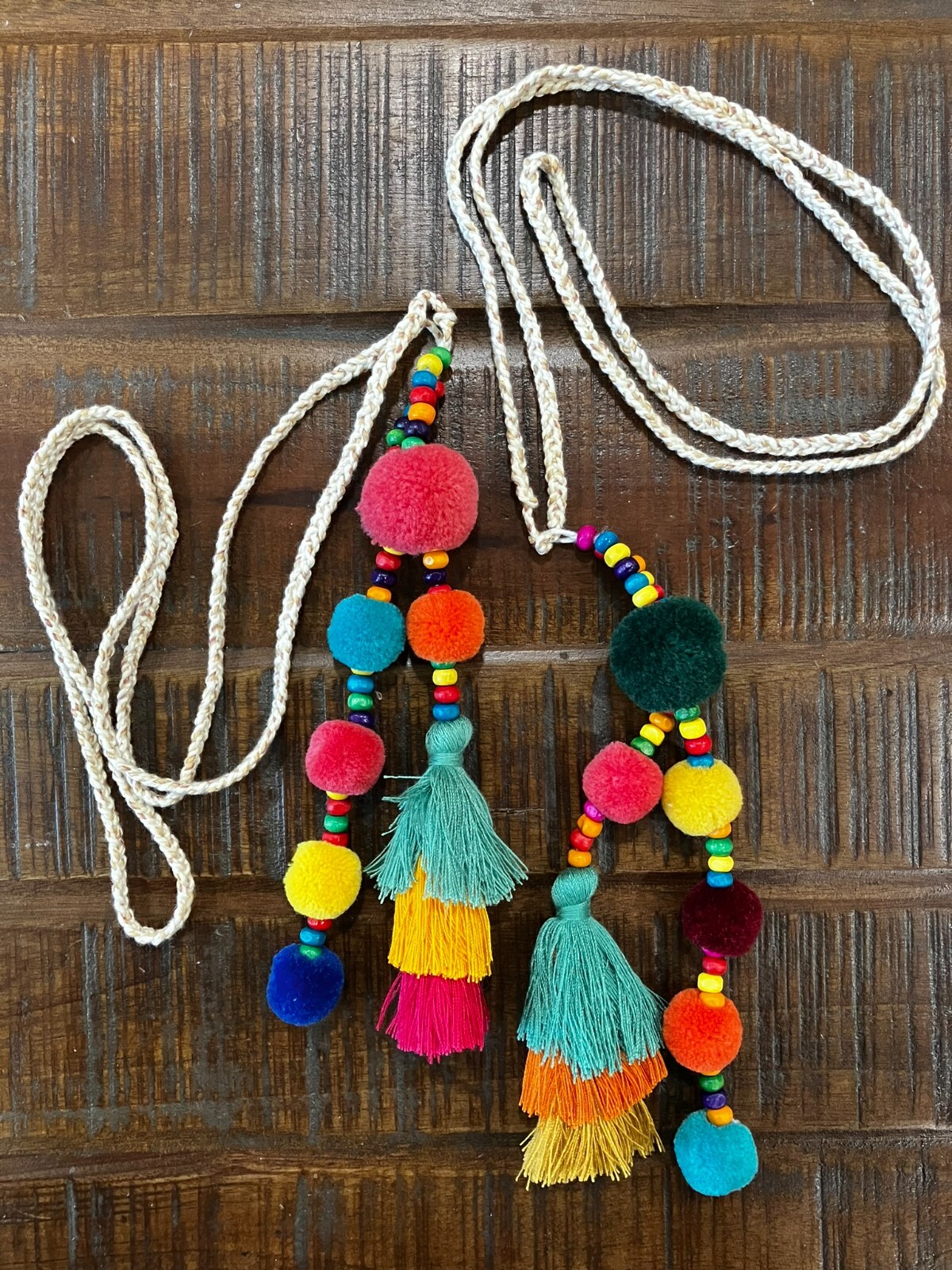 1 Pair of Boho Decor Colorful Beaded Curtain Pompom Tiebacks, Bohemian Living Ro