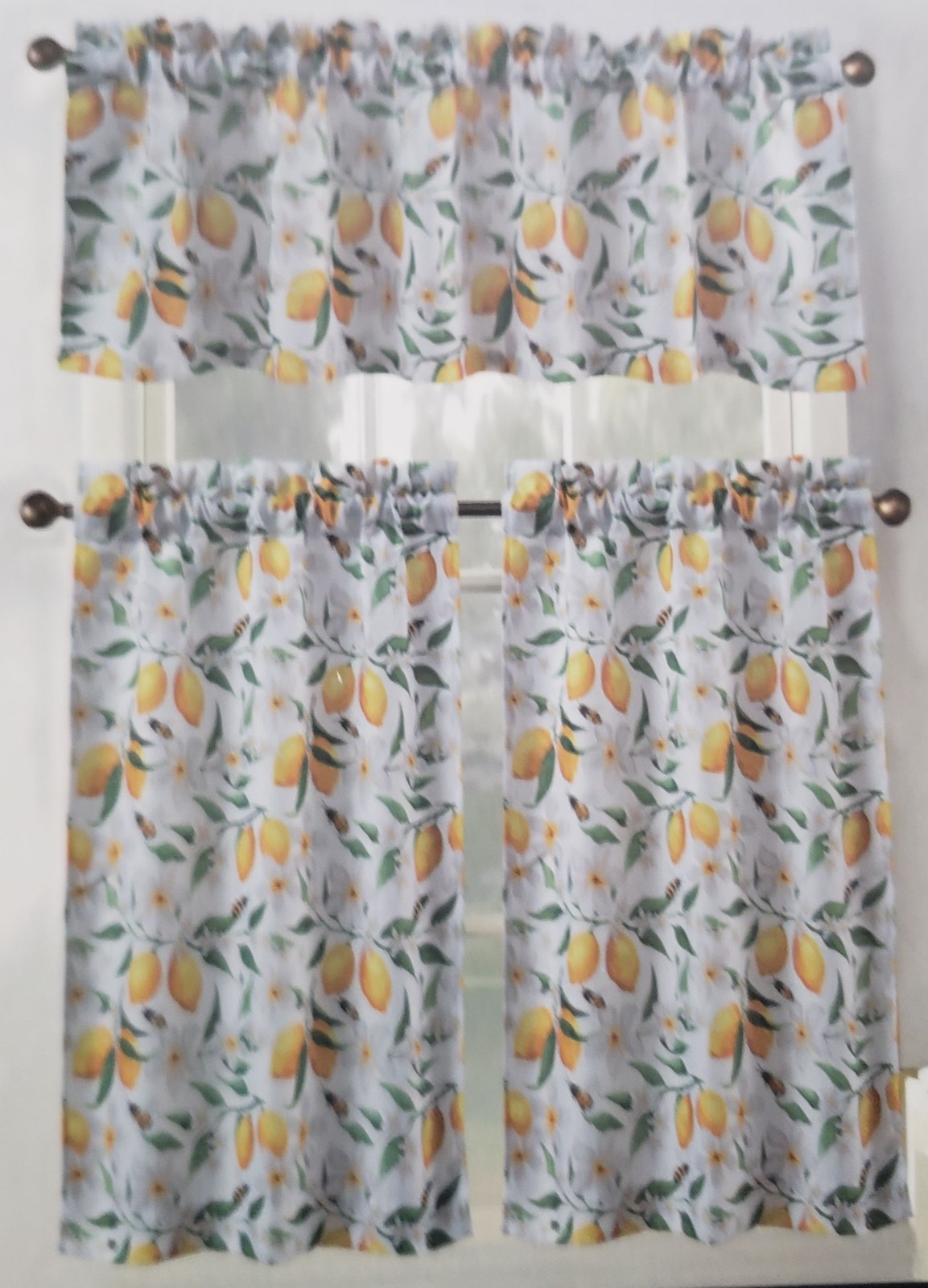 3pc. Curtains Set:2 Tiers (26″x36″)& Valance (52″x18″) FLOWERS,BEES & LEMONS, RT