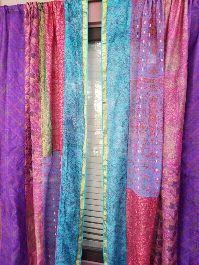 2 Pcs Indian Sari Patchwork Curtain Drape Window Decor Multi Silk Sari Curtain