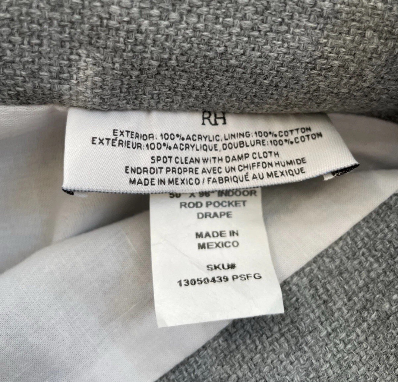 Restoration Hardware PERENNIALS SOLID TEXTURE LINEN RP 50″ x 96″ Fog NWT