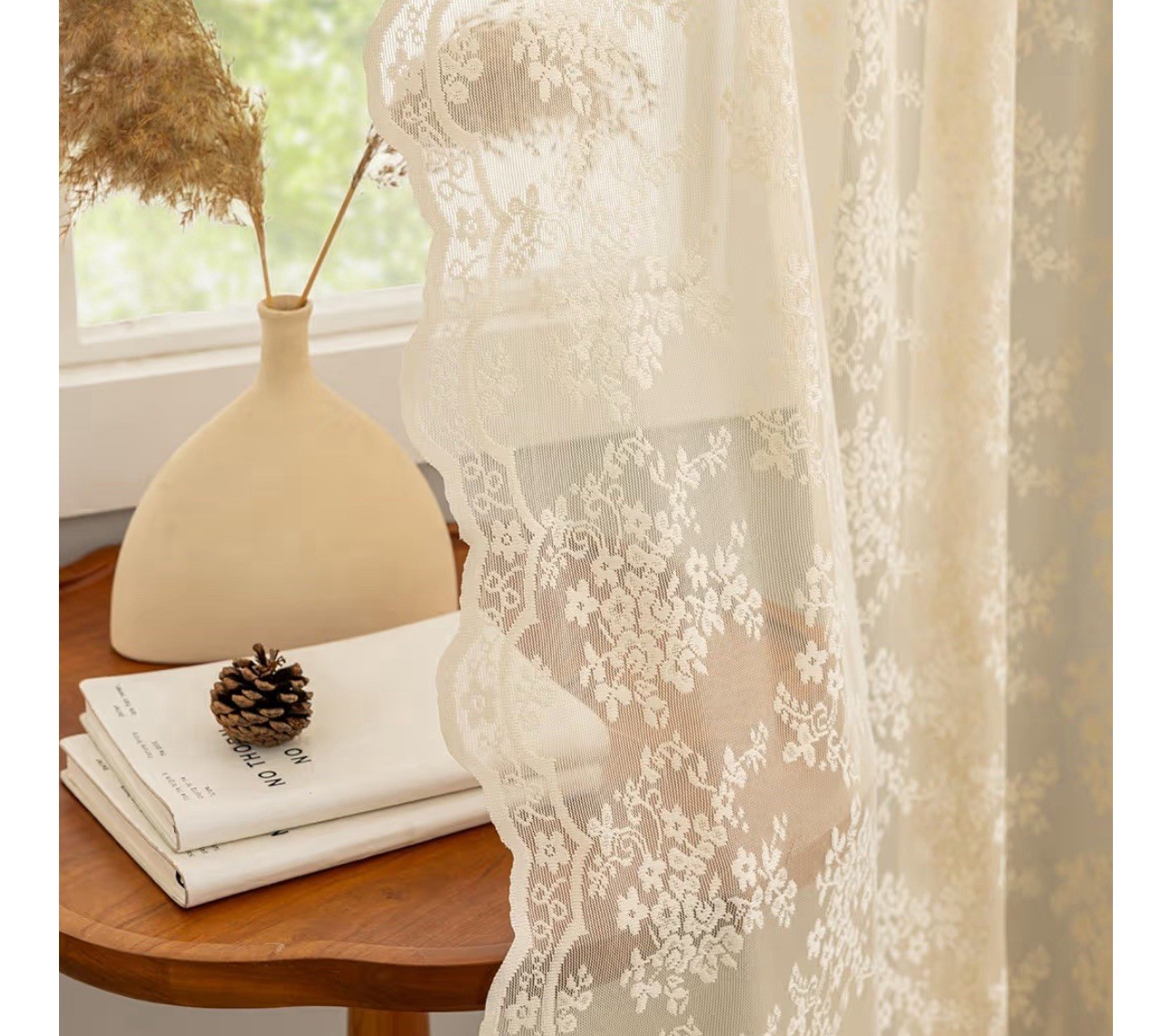 YJ YANJUN 52×96 beige lace translucent curtains, 2 vintage floral curtain panels