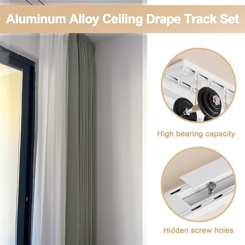 Ceiling Mounted Double Row Curtain Track Heavy Duty Silent Operation Aluminum US
