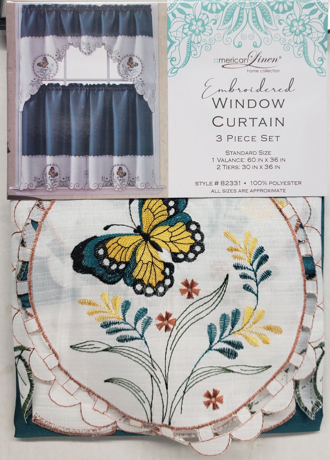 3pc. Embroidery Curtains Set:2 Tiers & Swag (60″x36″) BUTTERFLIES, blue, AL