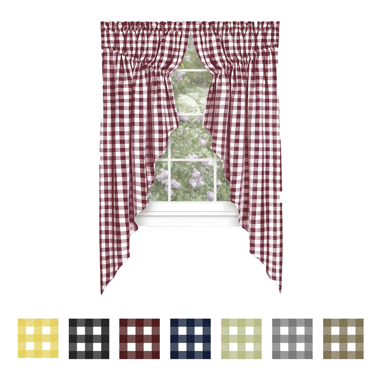 Farmhouse Buffalo Plaid Laced Curtain Set, Gingham Checkered Gathered Swag Set