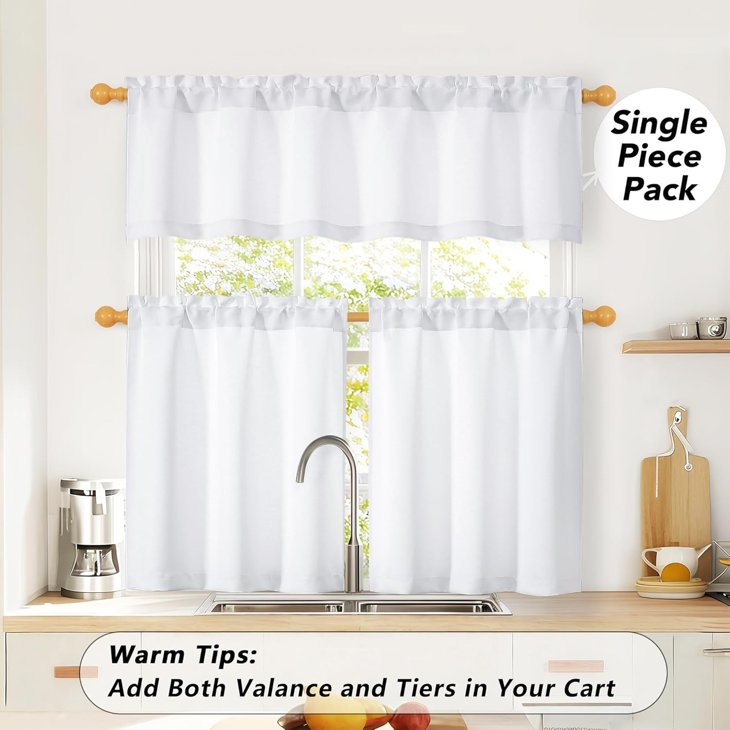 White Kitchen Curtains Tier 36 Inch Length Short for Small Window