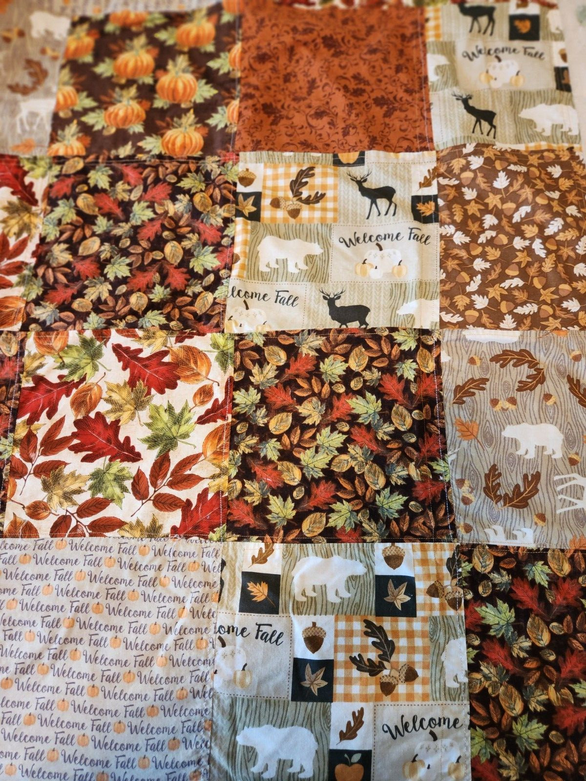 Vintage Handmade Patchwork Welcome Fall Brown Orange Curtain Fabric 38″ x 62″