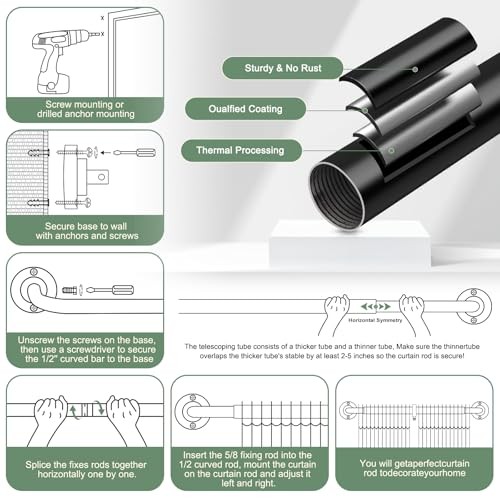 Hei!Dear Curtain Rod, Modern Adjustable 5/8 Inch Wrap 【28-48″】1 pack Black