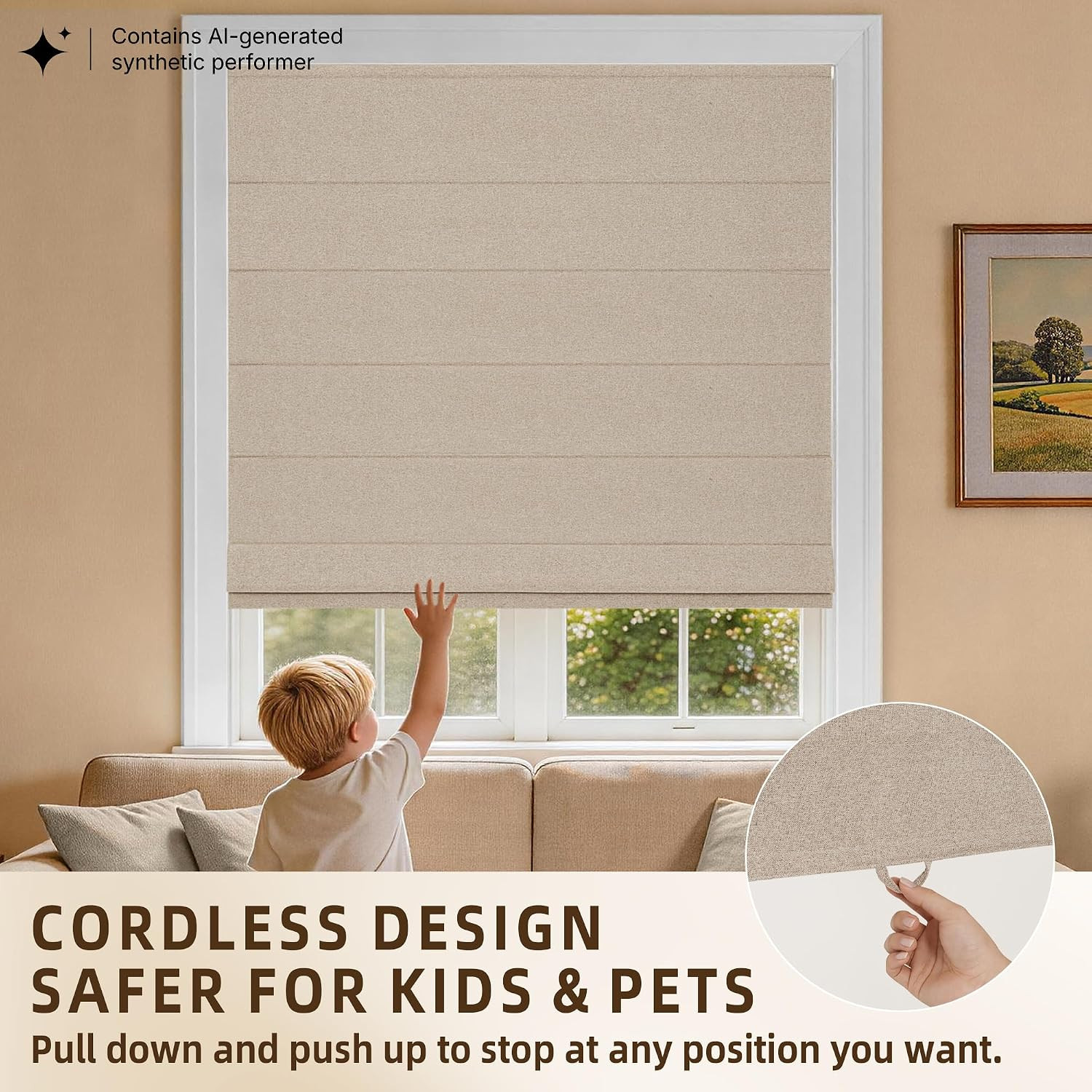 No Drill Cordless Roman Shades for Windows, Brown, 45″ W X 64″ H | 100% Blackout