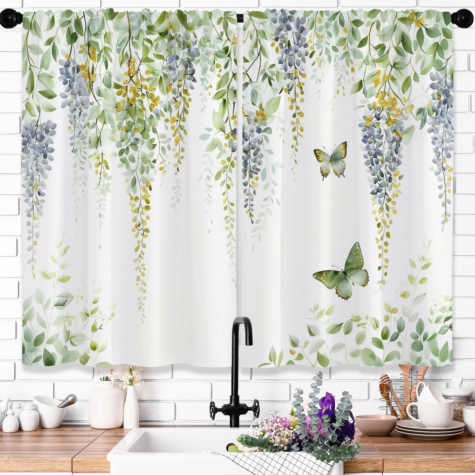 Green Gold Eucalyptus Leaves Kitchen Curtains 36 Inch 2 Panels Cafe Small Sho…