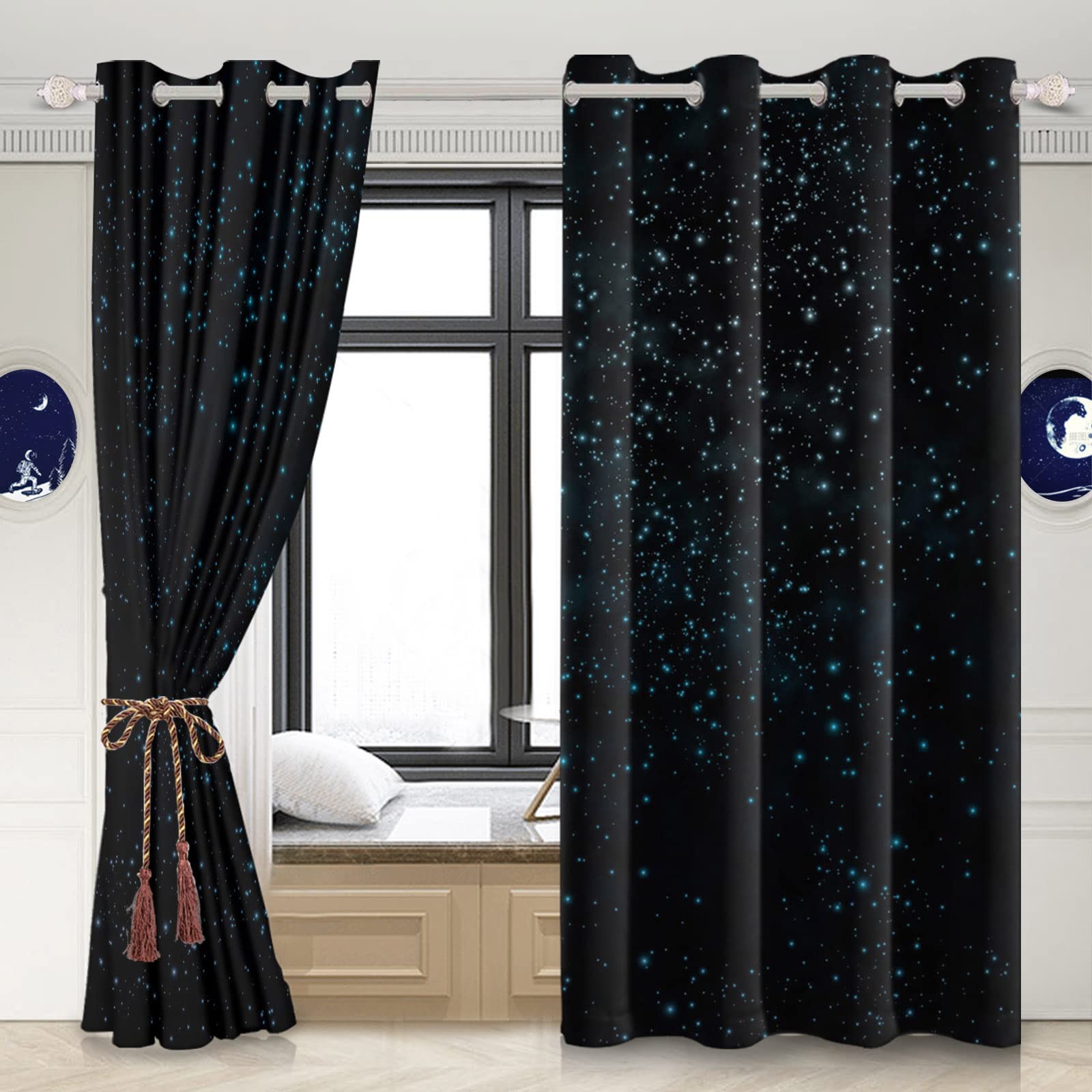 Starry Starry Sky Window Curtains Blue Brilliant Stars Window Treatments Blac…