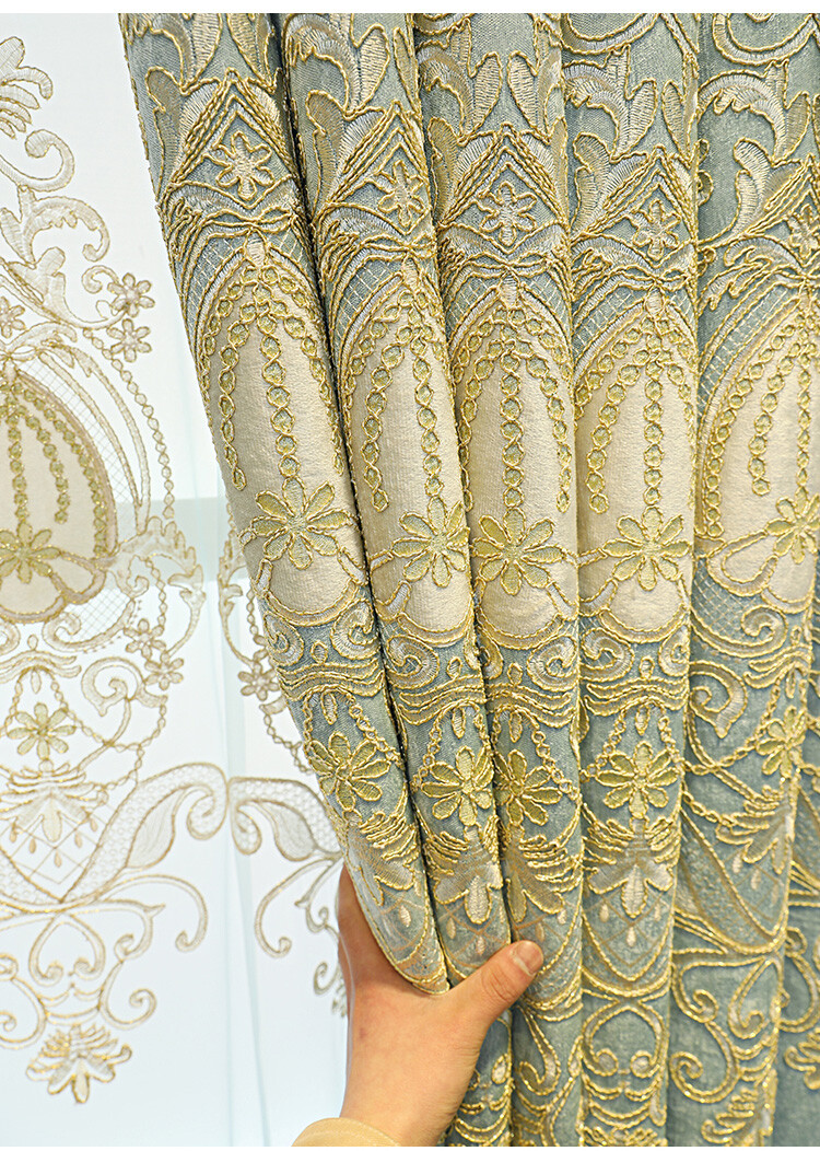 Custom high-end embroidered blue cloth blackout curtain valance drape C1143