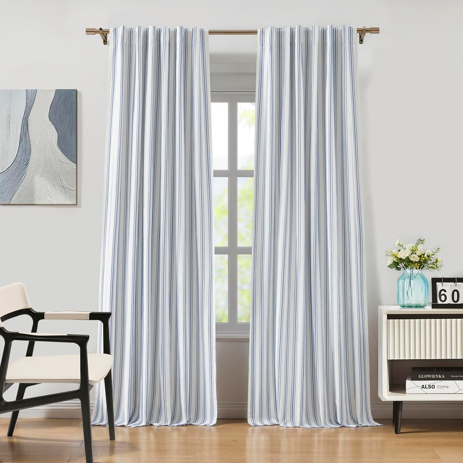 Striped Full Blackout Curtains 95 Inches Long Bedroom,Blue Stripe on White