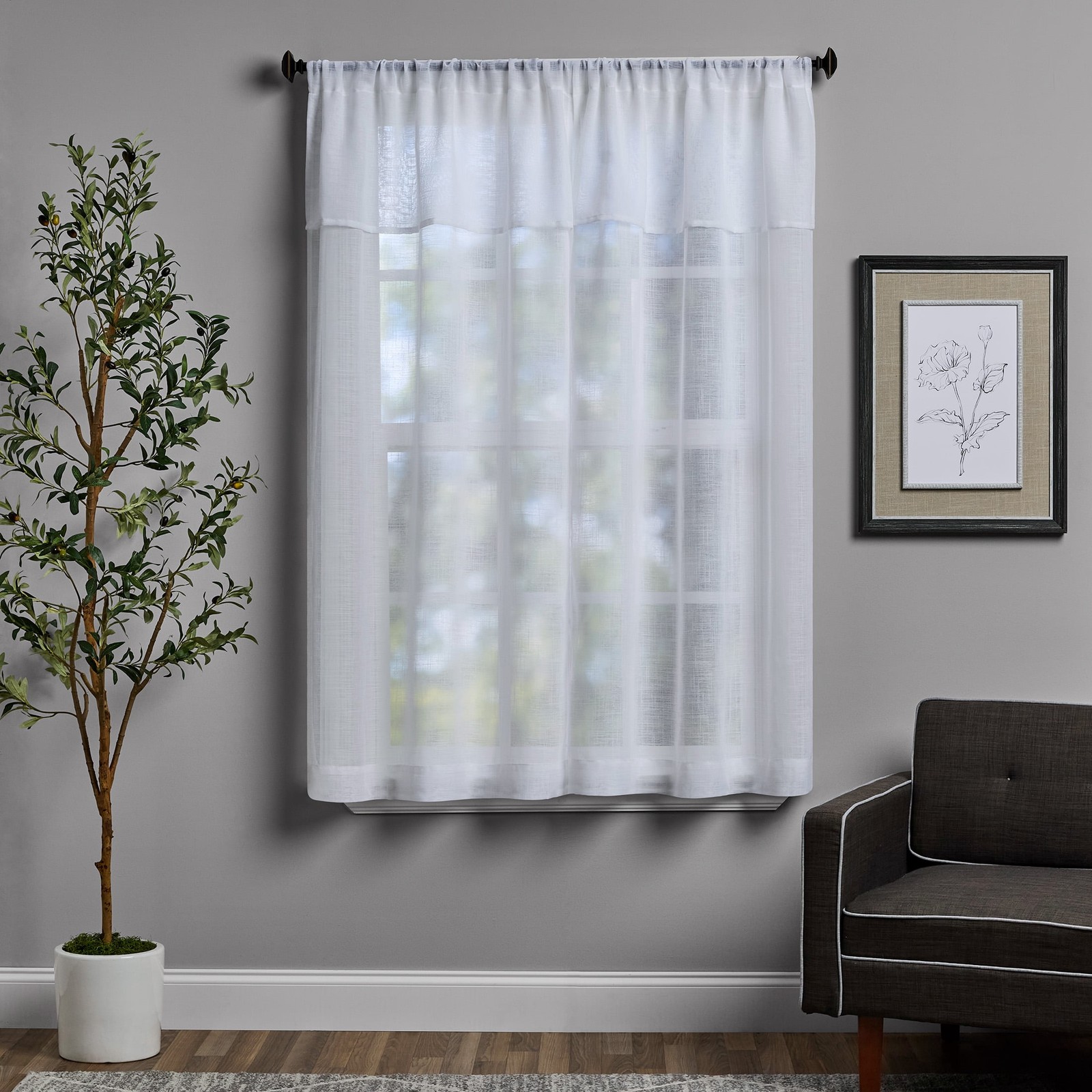 Sheer Curtain Panel Pair W/ Attached Valance Set of 2 White 37″W x 84″L