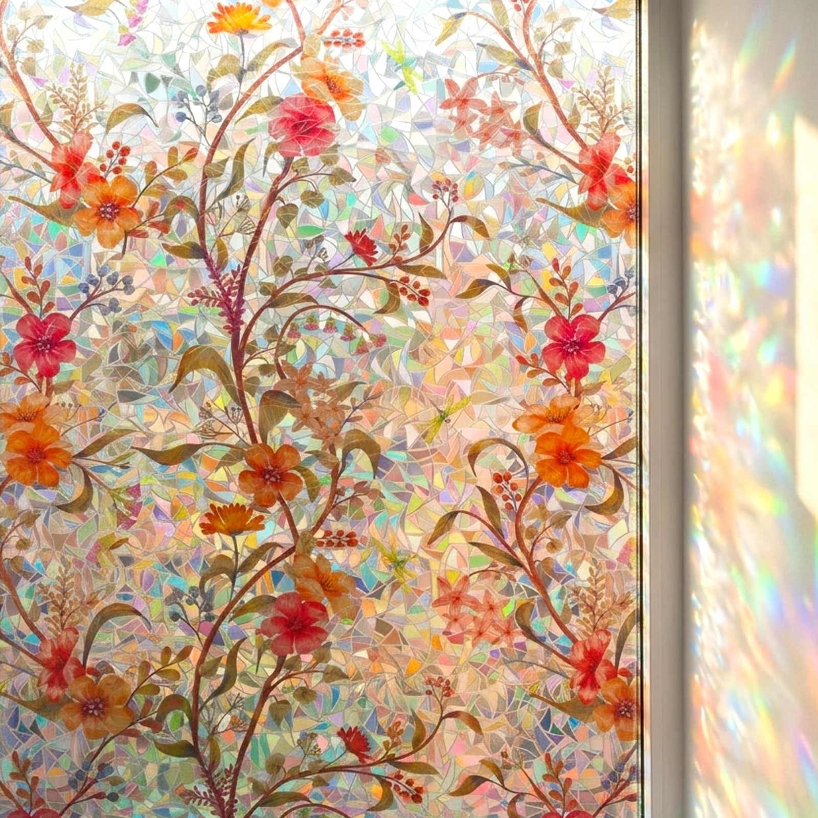 Stained Glass Flowers Window Film Privacy Static Cling Anti UV 45.2x157in