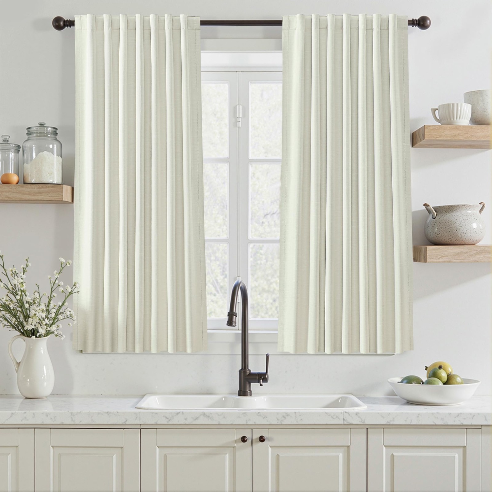 Blackout Curtains 54 Inch Long for Kitchens, Cream 2 Panels Set