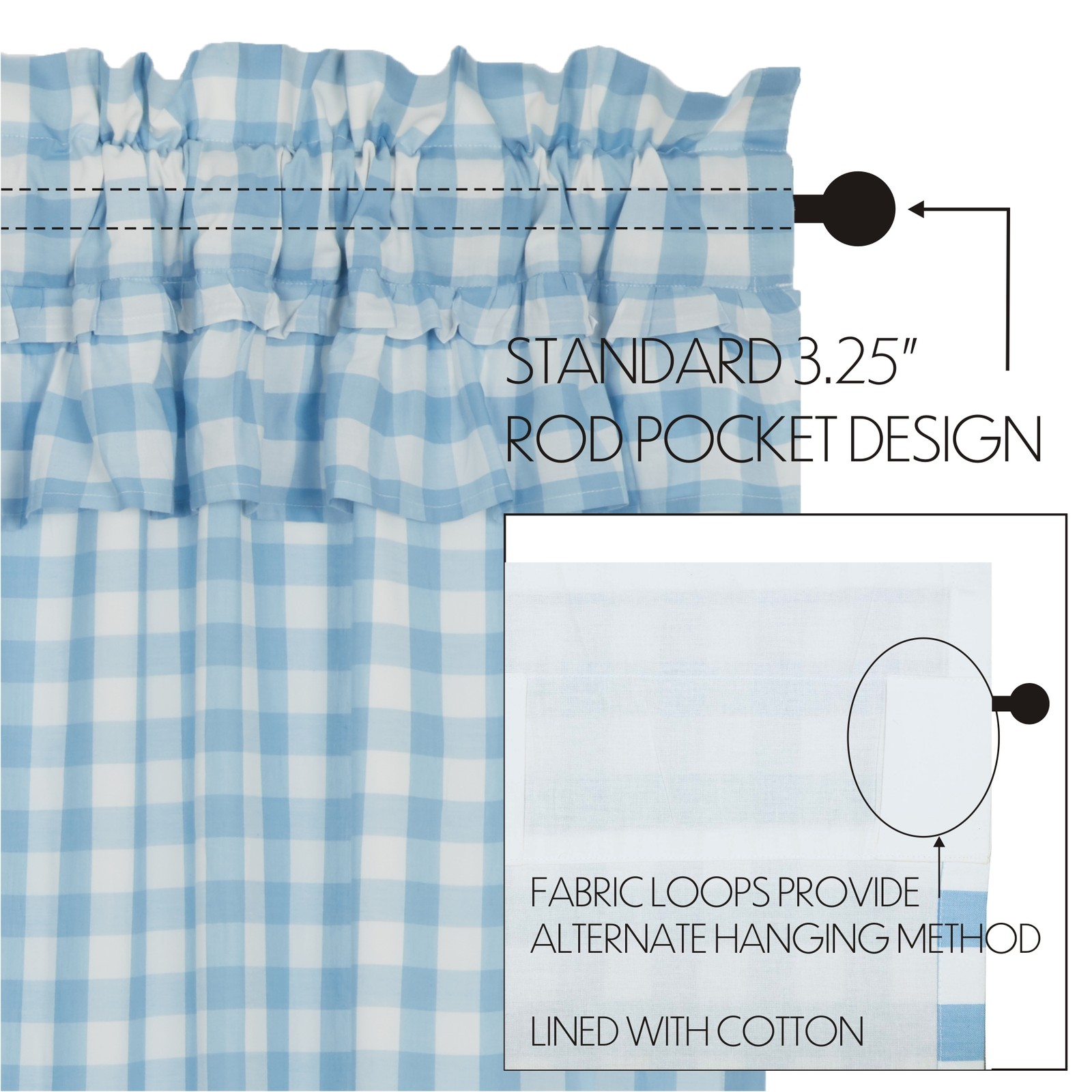Annie Buffalo Blue Ruffled Set (1 Valance 16×72 ; 2 Tier 24×36) VHC Brands