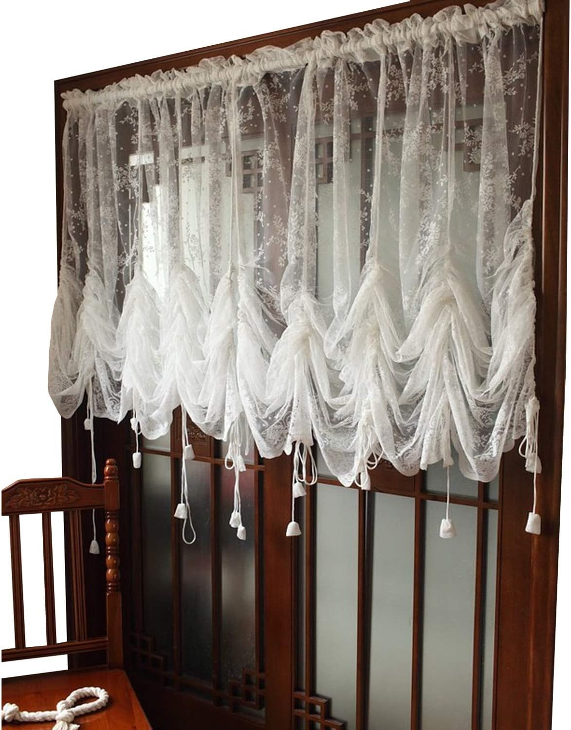 Lace Balloon Curtain White Adjustable Tie-Up Curtain Shade, Embroidered Semi