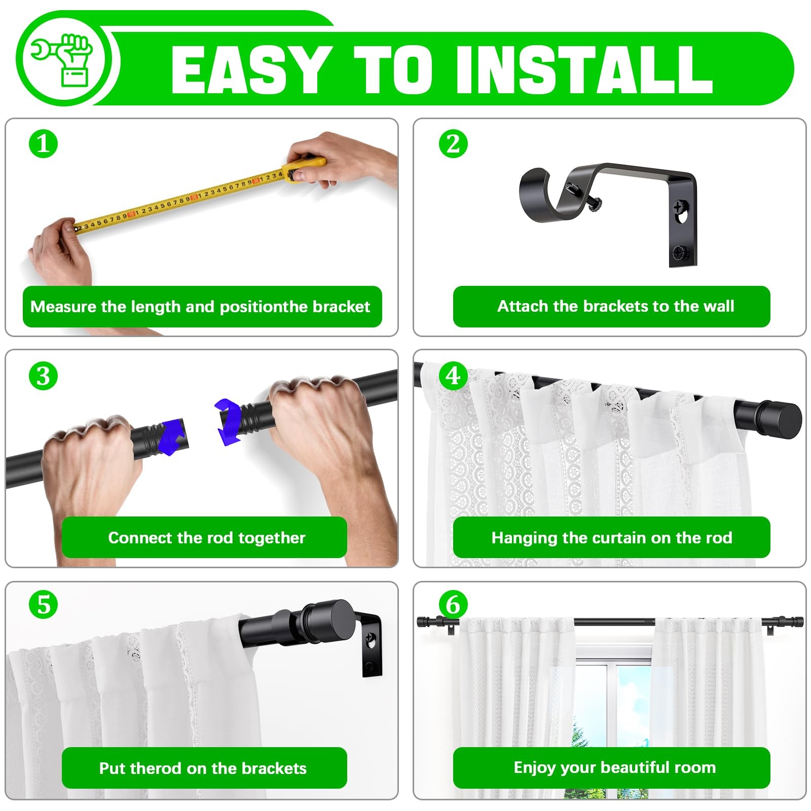 Huntype Curtain Rods for Windows 32 to 96 Inches – Black 1 Inch 32-96″,