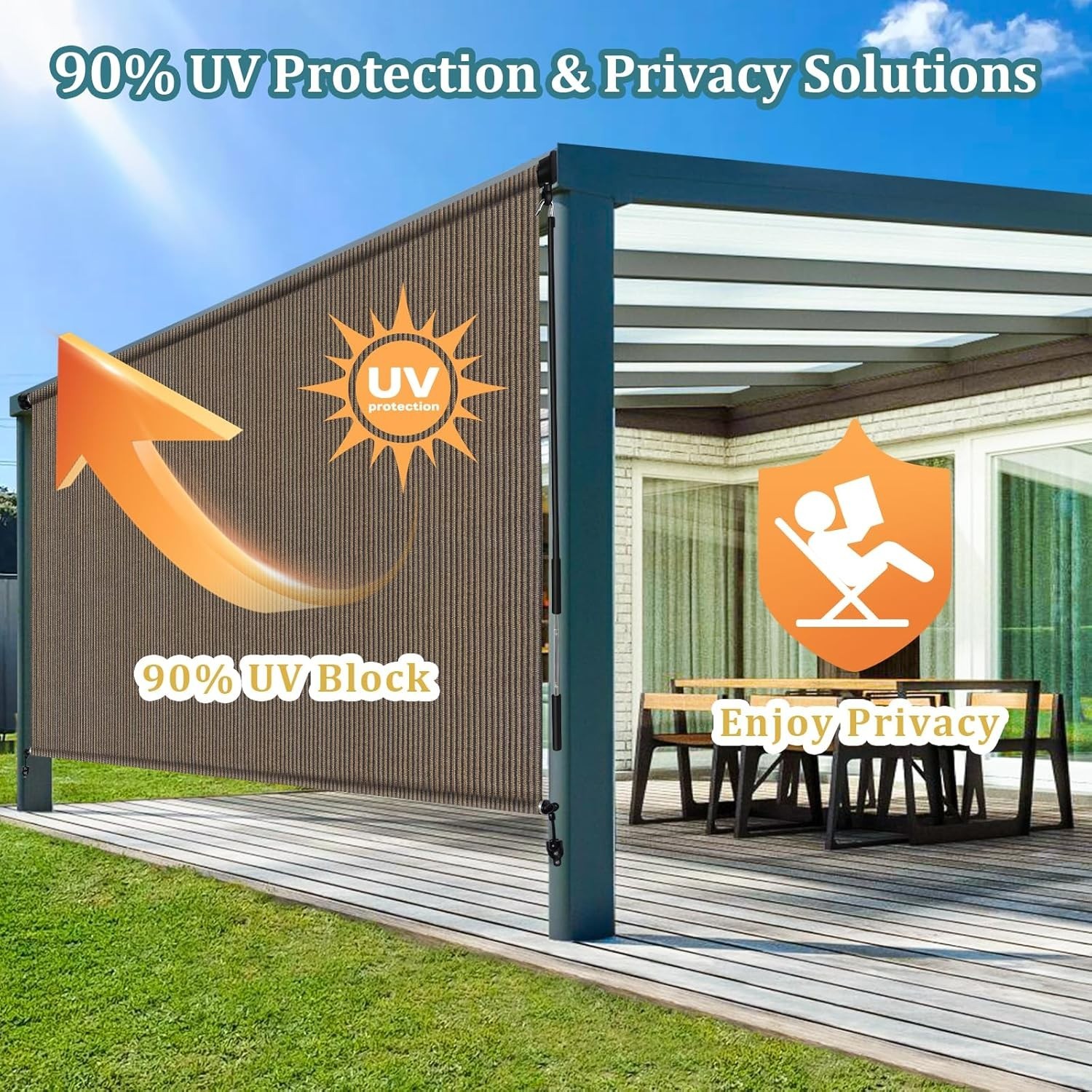 Outdoor Roller Shades with Splicing Design, 8′ W x 8′ H Cordless Patio Roll U…