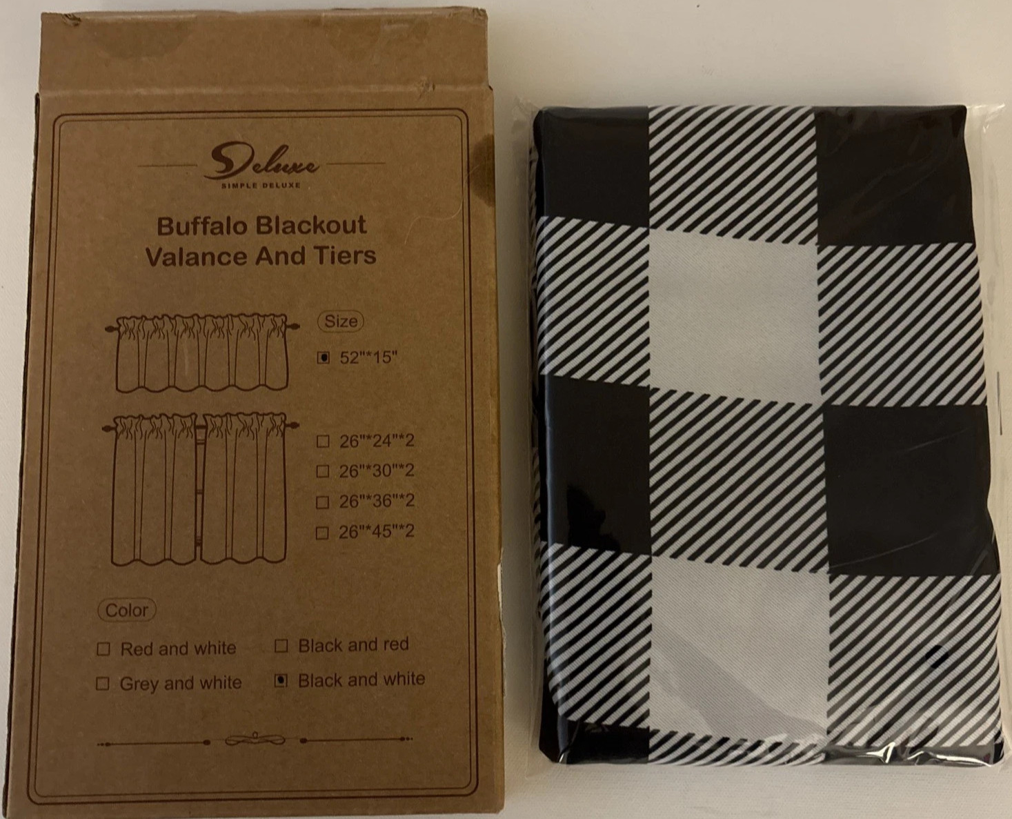 2 pack Simple Deluxe Buffalo Plaid Blackout Valance 52”W x 15” White and Black