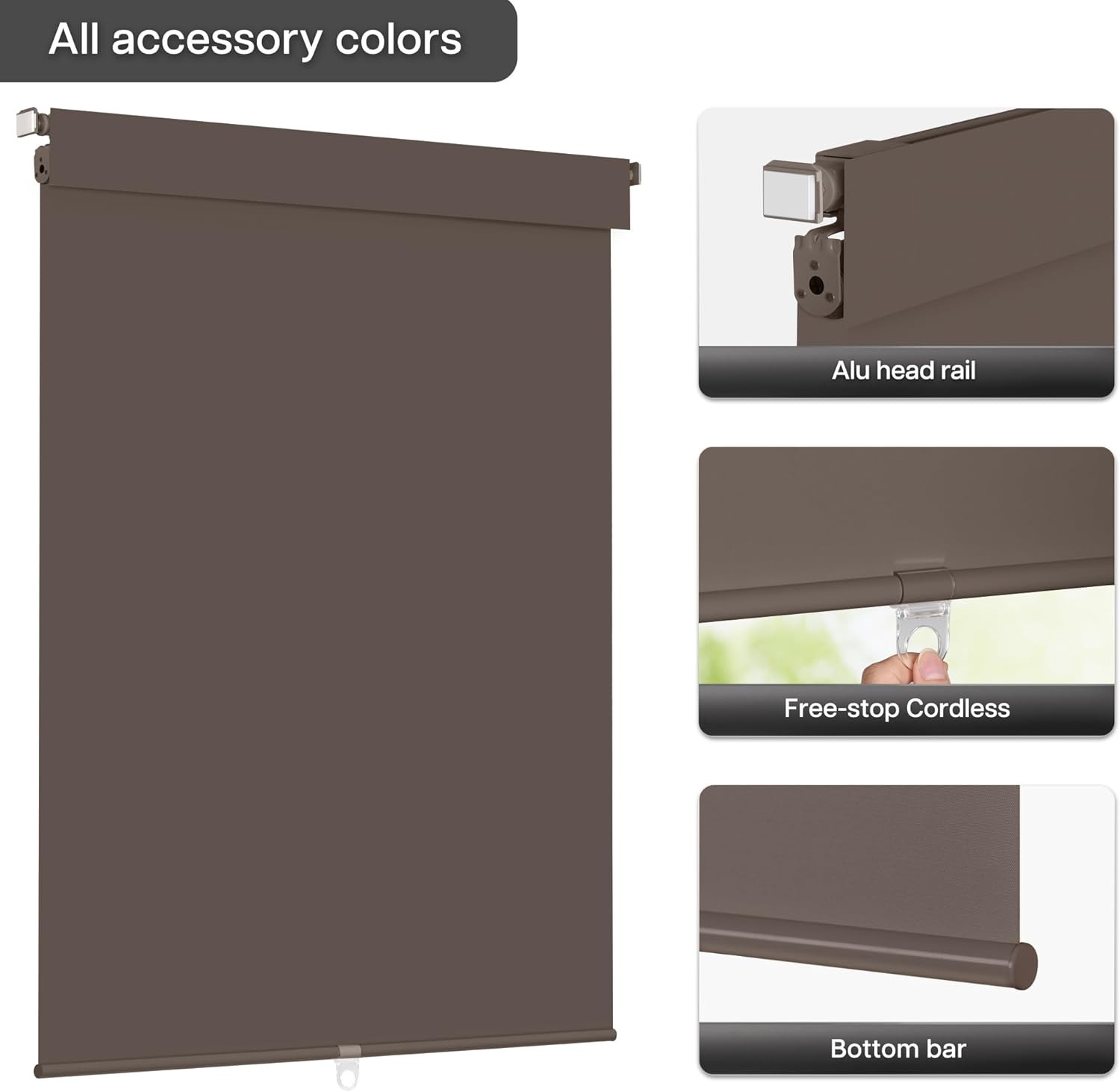 No Drill Blackout Roller Shades Cordless 30″ W x 48″ H Dark Coffee