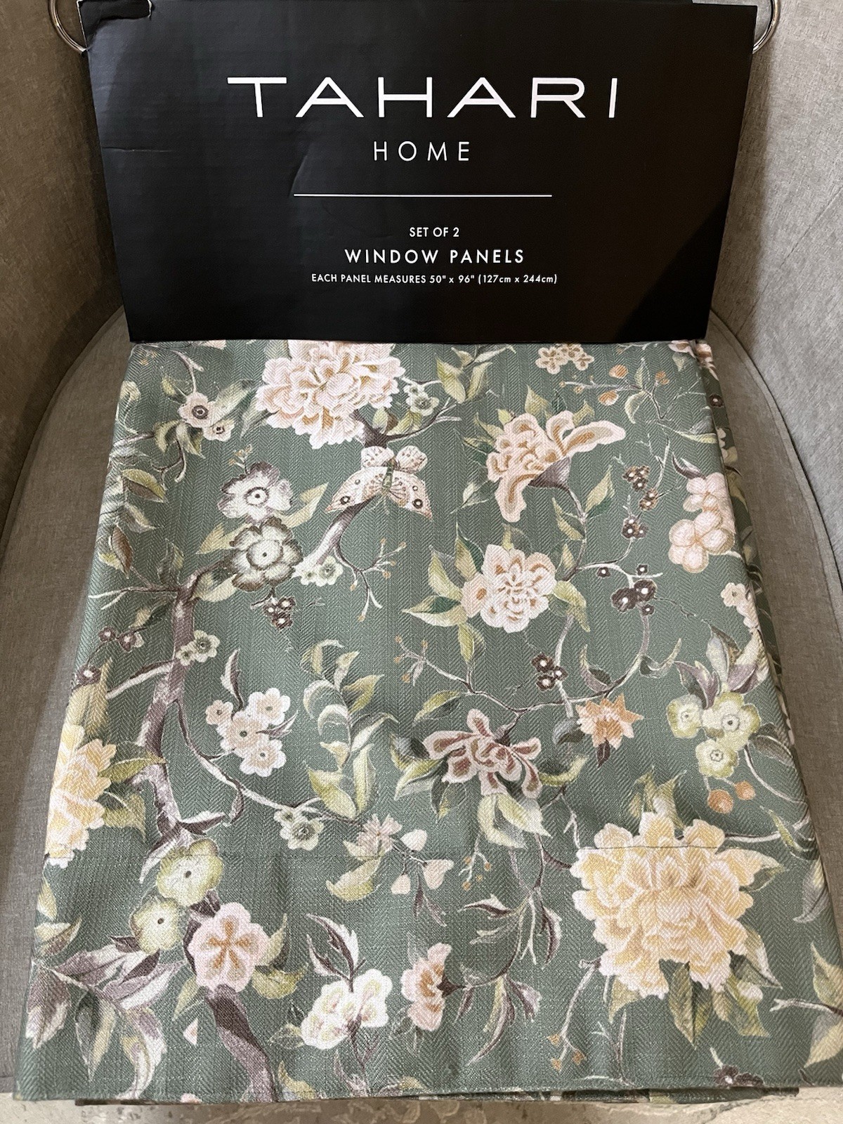 NWT Tahari Home Herringbone Botanical Design Drapes 50″ x 96″ Set of 2 Panels