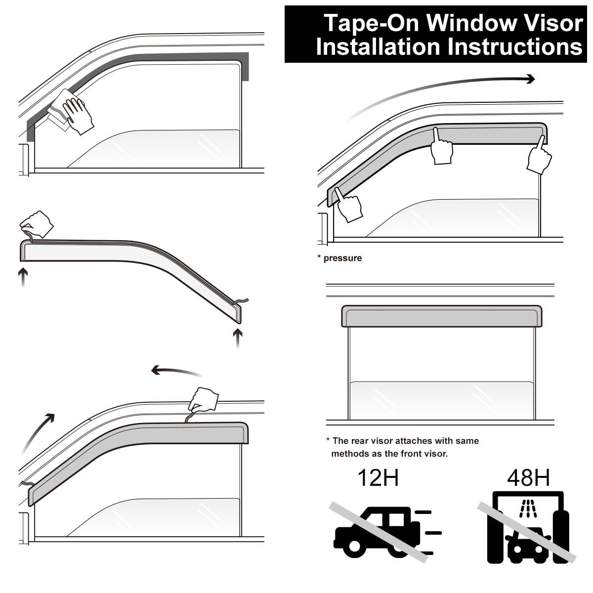 4pcs Wind Deflectors Sun Rain Visors Outside Mount Channel Style Dark Smoke Tint
