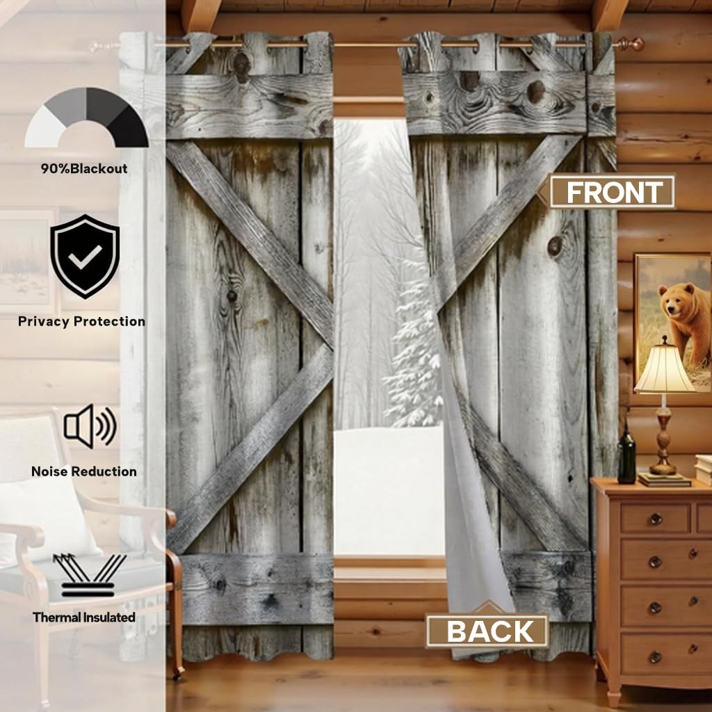 Barn Door Blackout Curtains – Rustic Wood Farmhouse Country Style Window Drap…