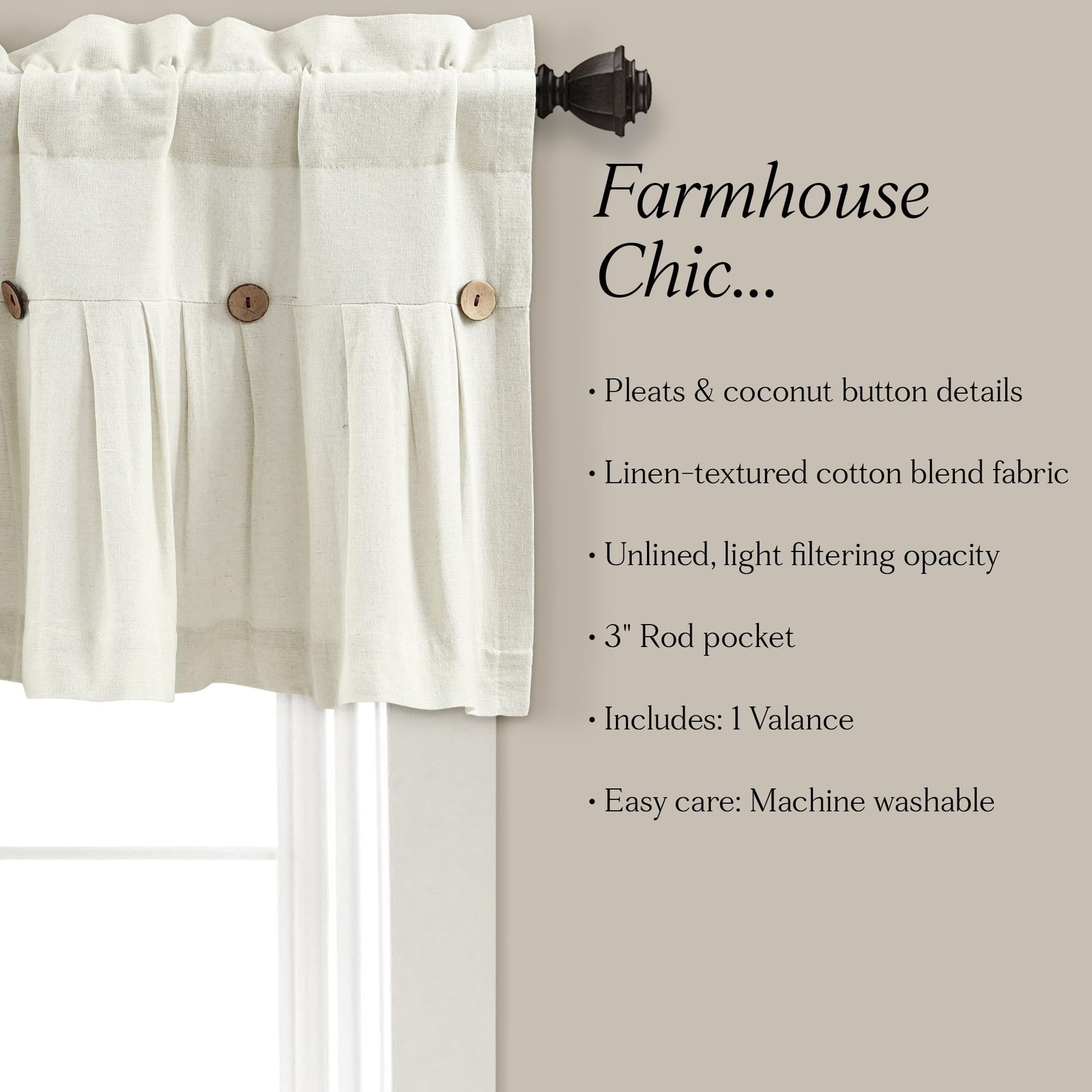 Linen Button Farmhouse Valance Curtians 84″W x 18″L Off White – Linen Valance…