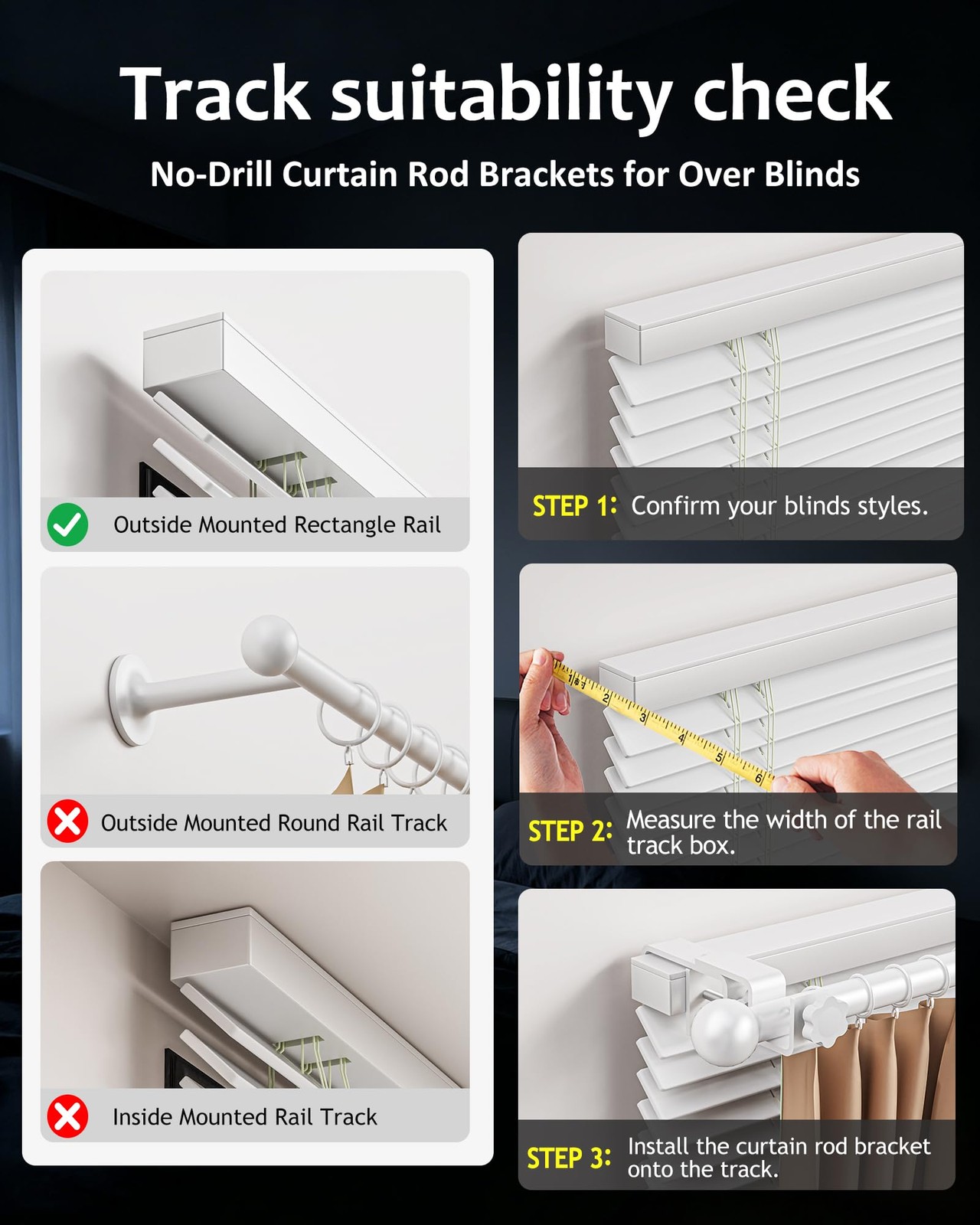 No Drill Curtain Rod Brackets for Outside-Mount Blinds, Tool-Free Over-Blind …