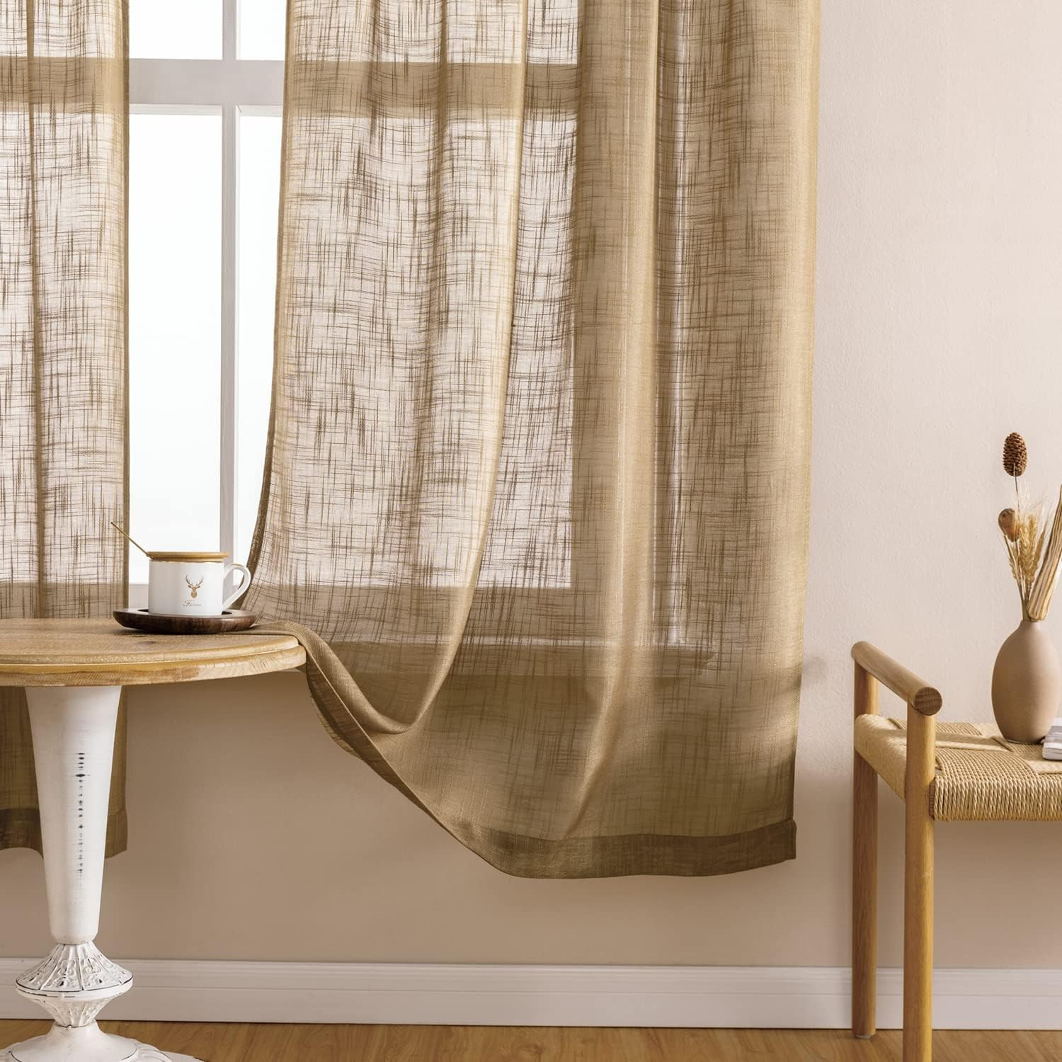 SHINELAND Burlap Woven Cafe Curtains, Light Brown Rustic Farmhouse Primitive Tie