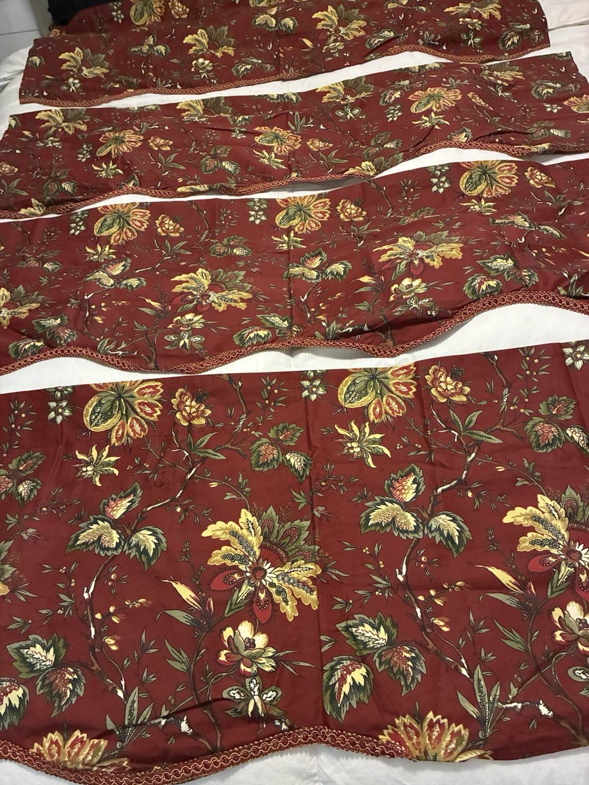 Waverly Valances SET/4 Floral Cotton Burgundy Green Gold Scalloped 48×18