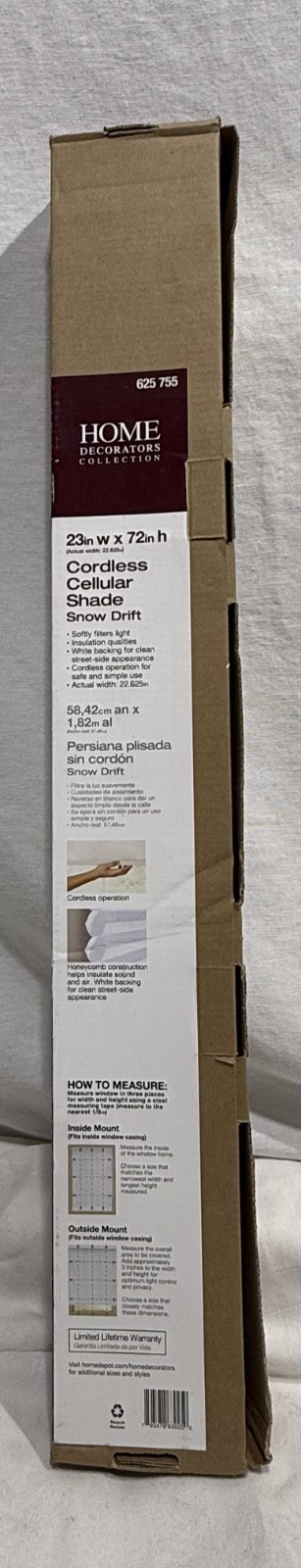 HDC Cordless Light Filtering Cellular 23″ W x 72″ L Shade in Snow Drift, NEW